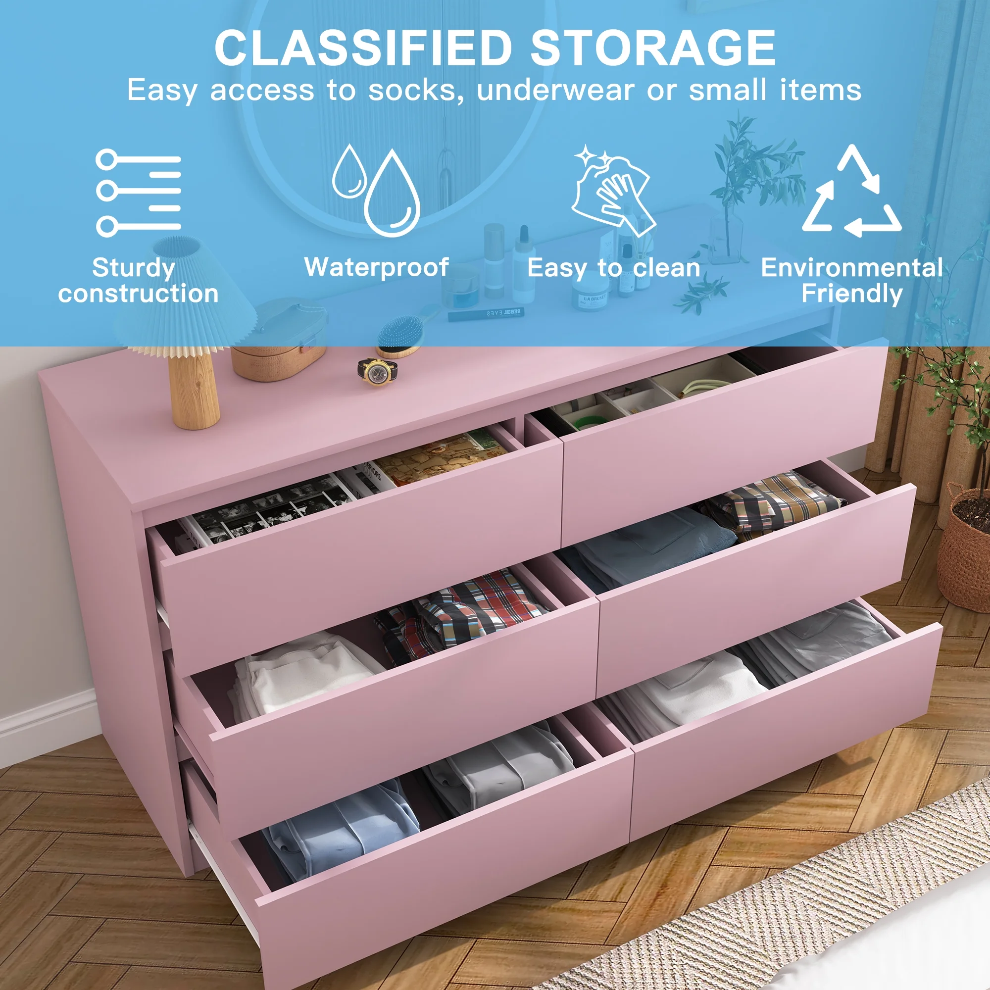 Kadyn White Chest of Drawer, 6 Double Drawer Dresser for Bedroom, Modern Storage Cabinet for Living Room, Dresser - Image 163