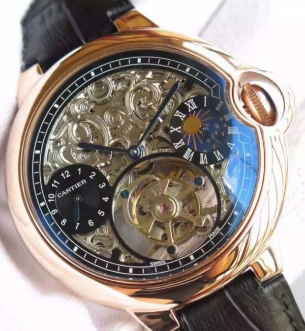 Replica Cartier Ballon Bleu Skeleton Tourbillon RG Black Dial - Elite Watch Atelier