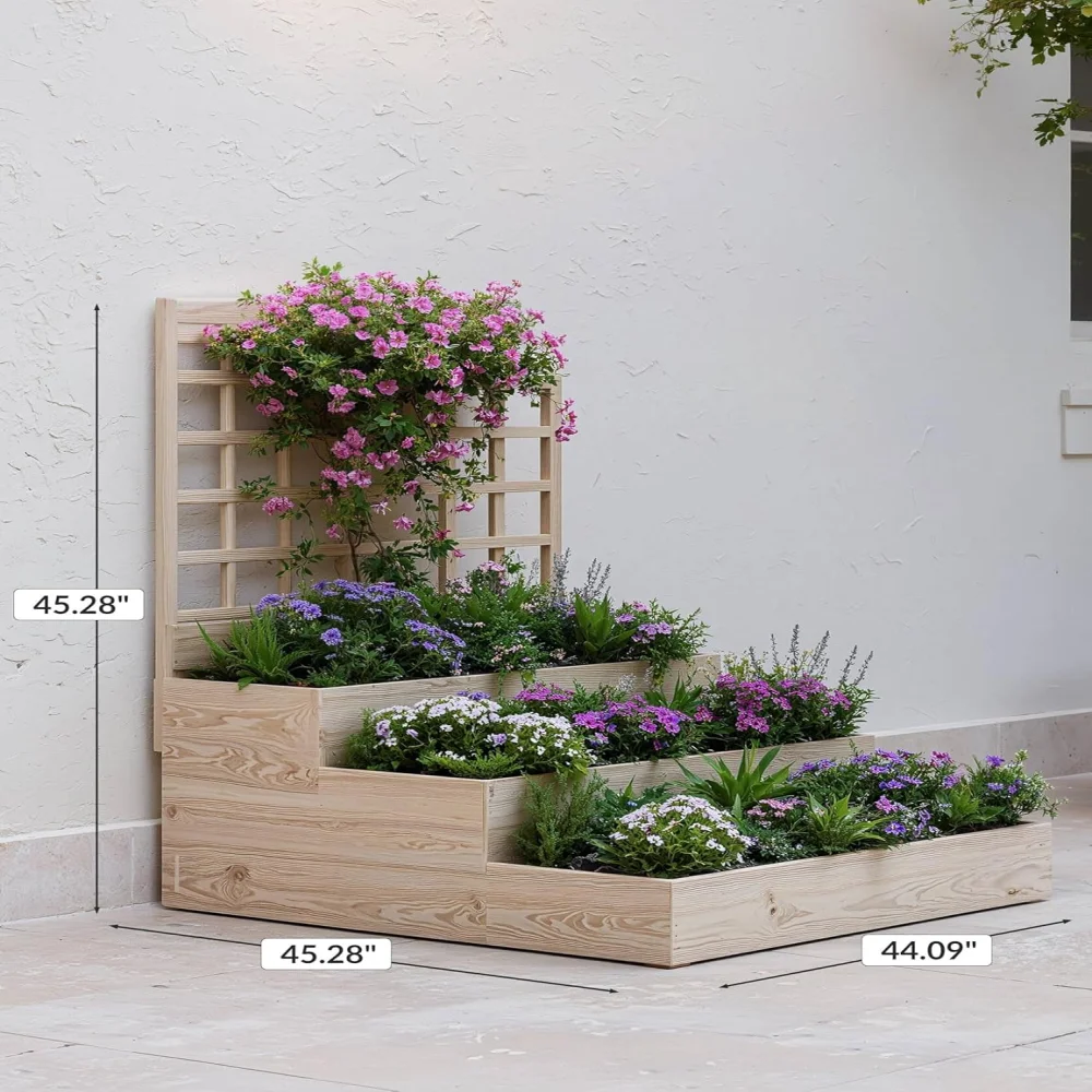 Large Raised Garden Bed with Trellis,3 Tier Standing Planter Box with  Open-Base,Outdoor Elevated Garden Trellis for Vine Climbing, Flower Vegetable Fruit Herb Growing