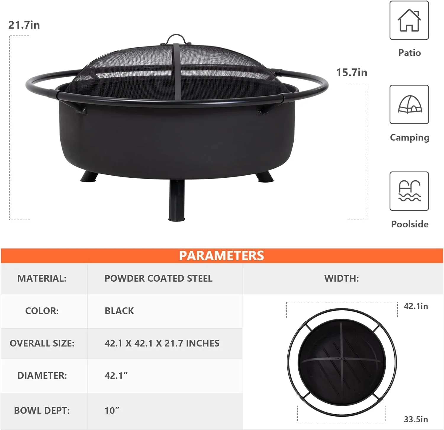 SUNCREAT 42-Inch Wood Burning Patio Fire Pit, Black, 42.1 Inch Diameter x 25.2 Inch High - Image 10 SUNCREAT 42-Inch Wood Burning Patio Fire Pit, Black, 42.1 Inch Diameter x 25.2 Inch High - Image 10
