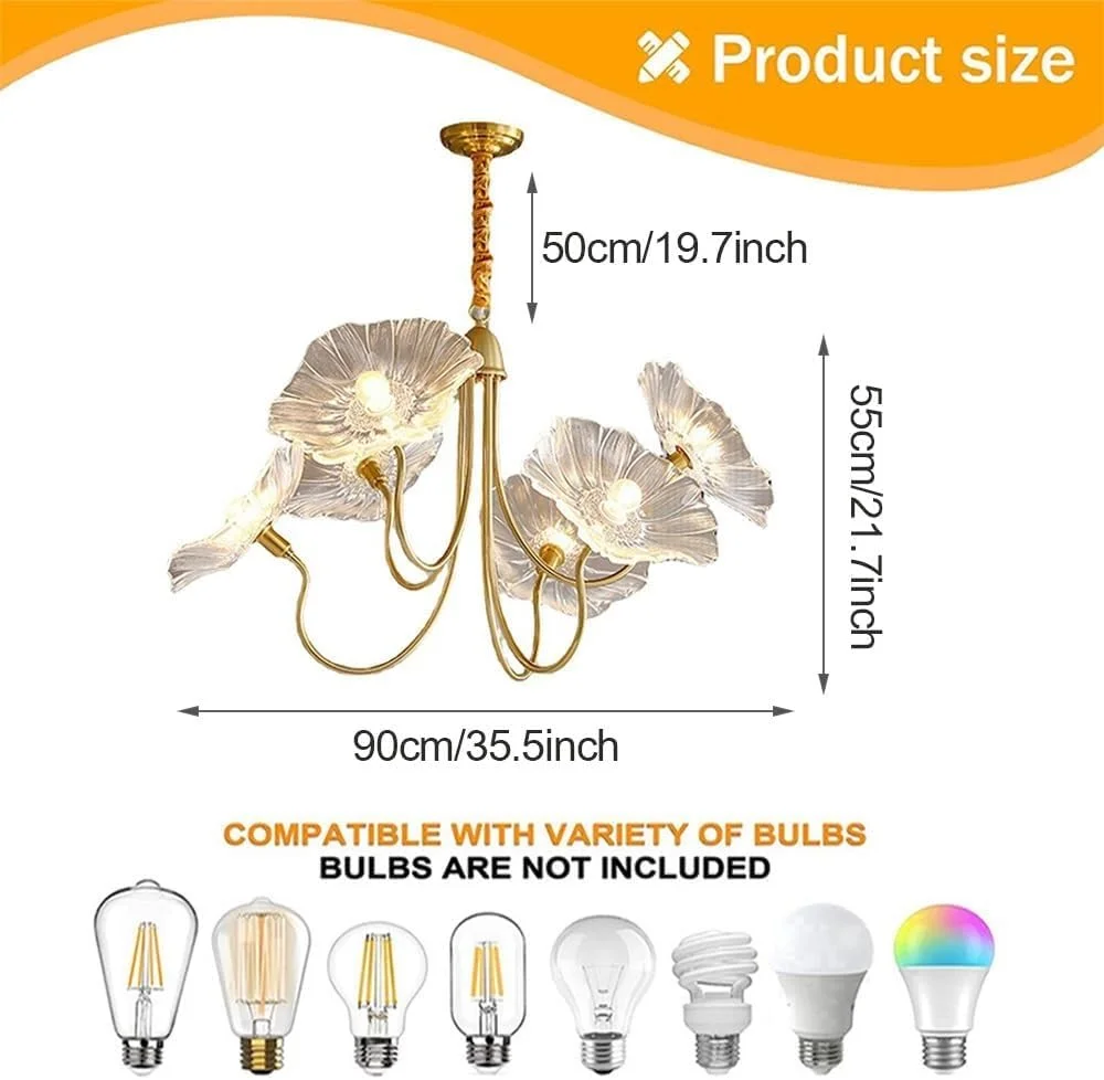 Lotus Leaf Glass Pendant Lights Fixtures Hanging Lamp,French Classic floral pendant Lighting Modern Nordic Chandeliers with 6-Lights,for Living Room Dining Room Bedroom