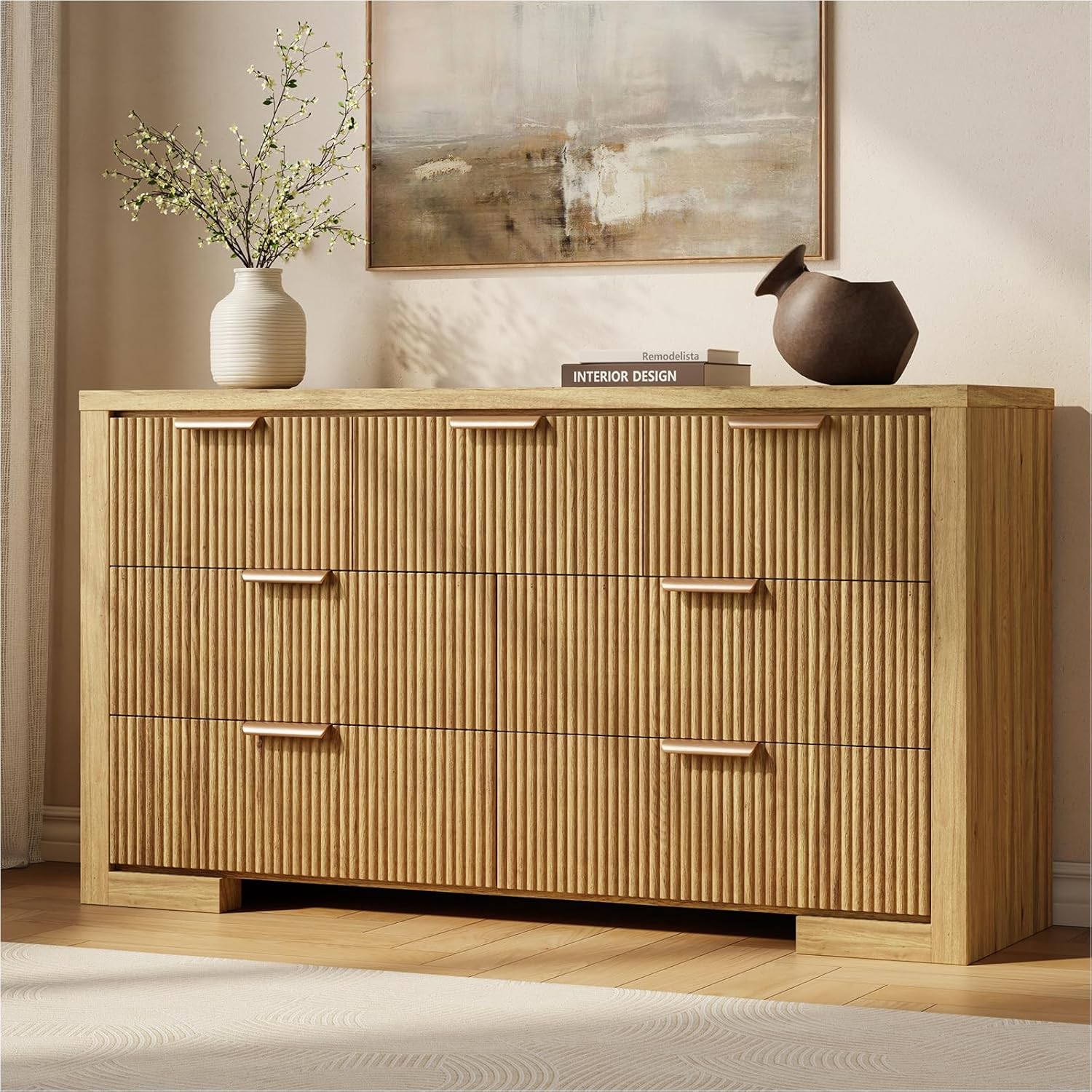 Fluted Dresser for Bedroom, 7 Drawer Dresser with Gold Handle, 54