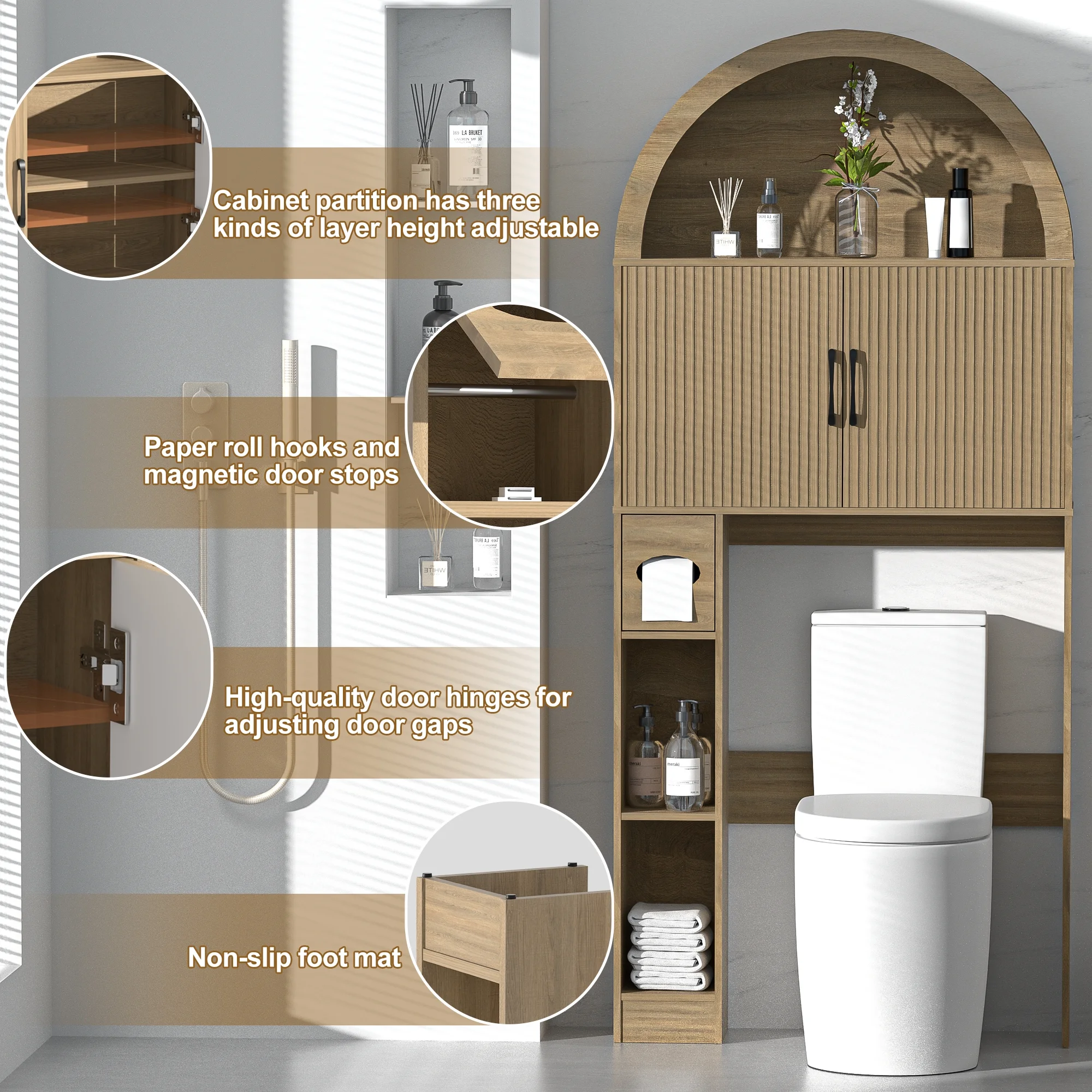 HARIPUL Over The Toilet Storage Cabinet w/ Unique Wood Grain & Arc Design, Freestanding Bathroom Shelf Organizer Space Saver w/ Doors & Anti-Tip Device, Wood Color - Image 10