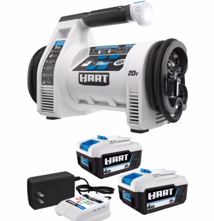 HART 20V Dual Function Inflator with 2-Pack 4AH Battery Kit Bundle