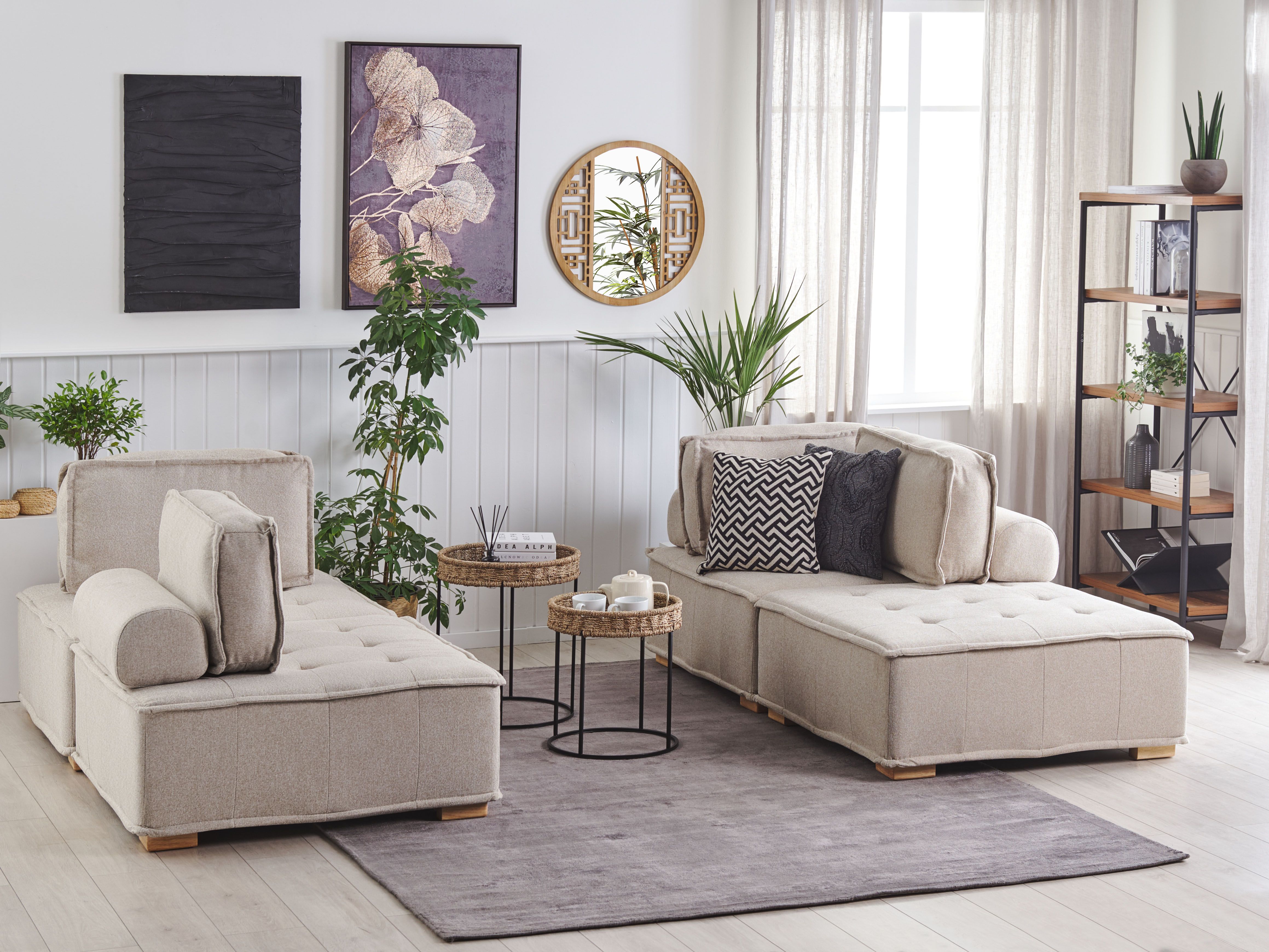 Modular Living Room Set 4 Seater TIBRO Fabric Light Beige