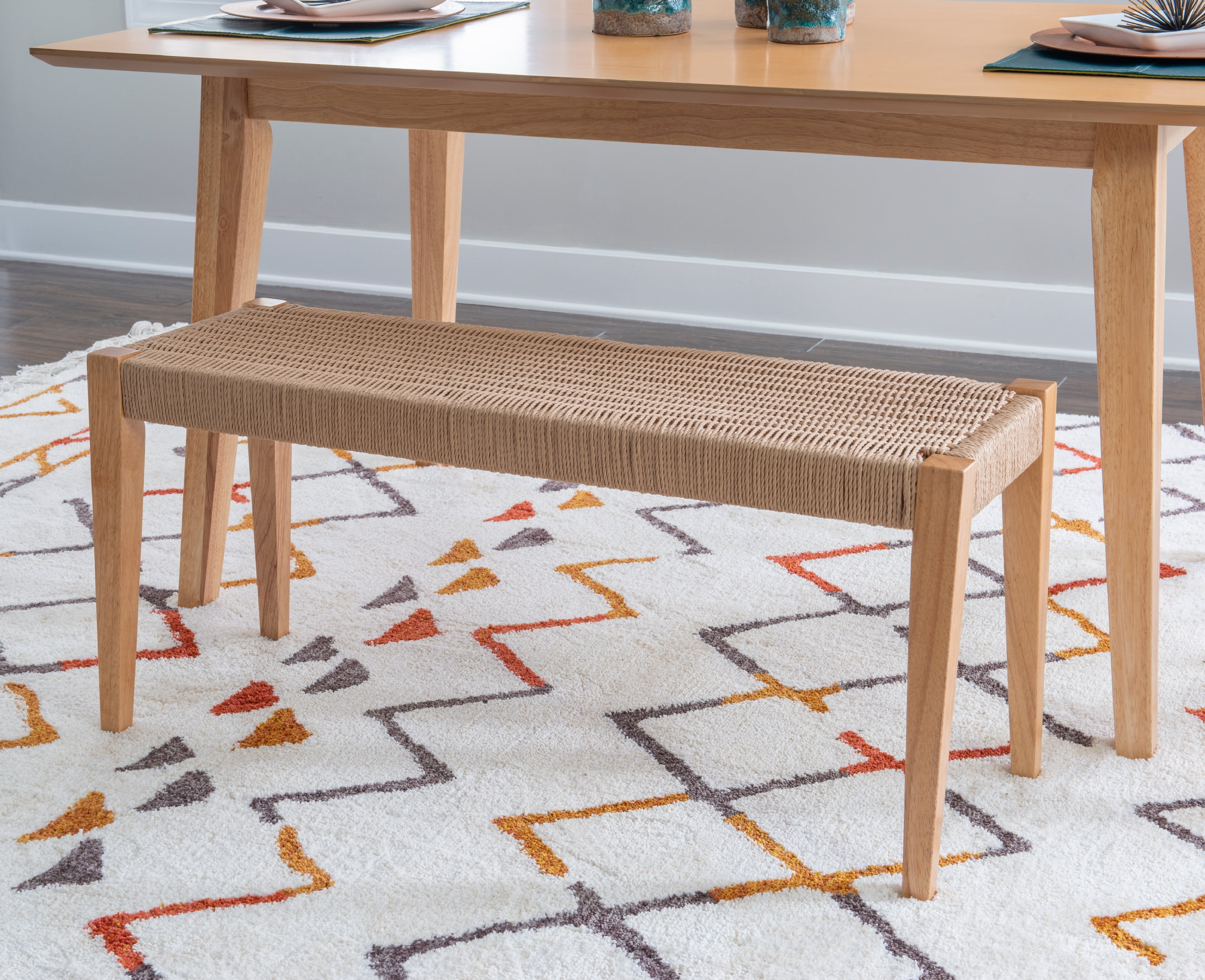 Powell Holden Dining Bench with Handwoven Rope Seat, Natural/Natural