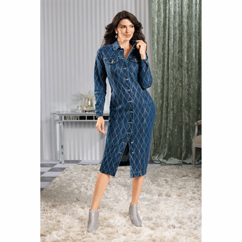 Diamond Pattern Denim Sheath Dress - MIDNIGHT VELVET CATALOG