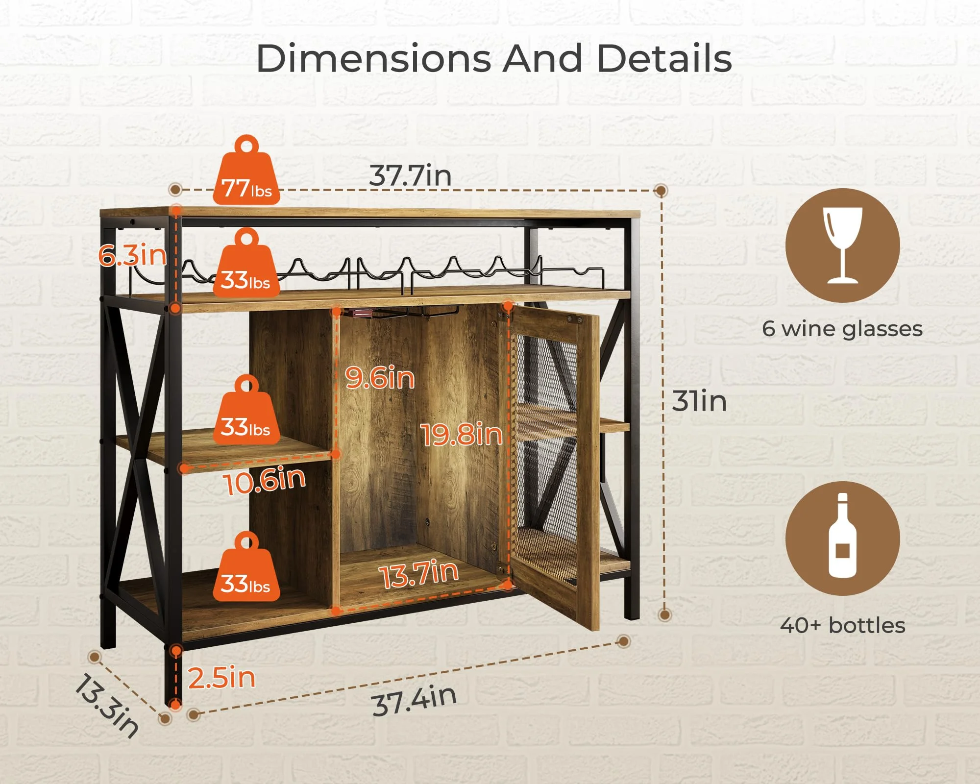Vividwood Wine Bar Cabinet with Storage, Industrial Liquor Cabinet with Wine Rack & Glass Holder, Small Wood Metal Cart Bar Alcohol Table Sideboard Buffet for Home Kitchen Living Room, Oak