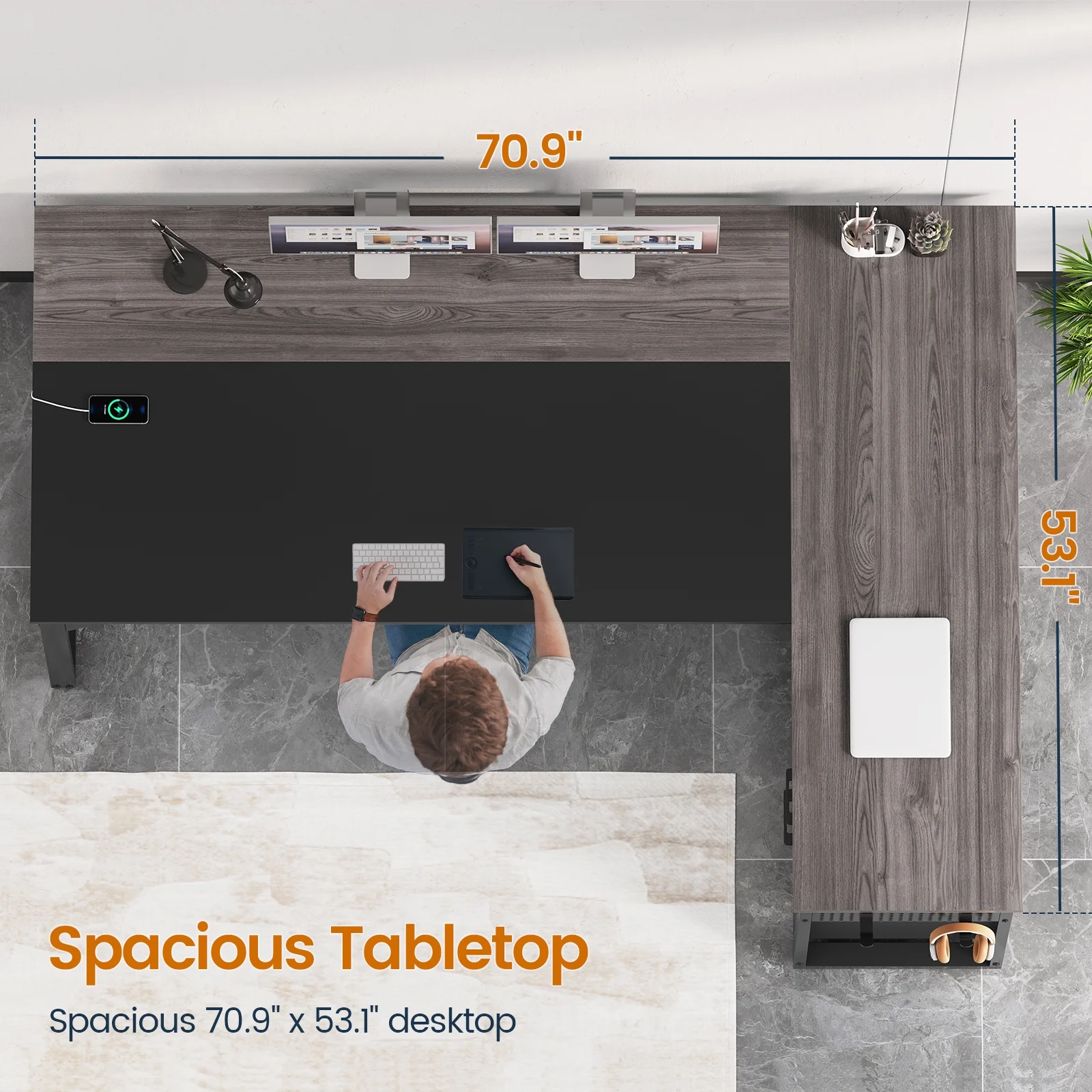 71" Executive Desk with Power Outlets, Modern L Shaped Office Desk with File Drawers and Pegboard, Large Computer Desk, Rustic Brown - Image 28