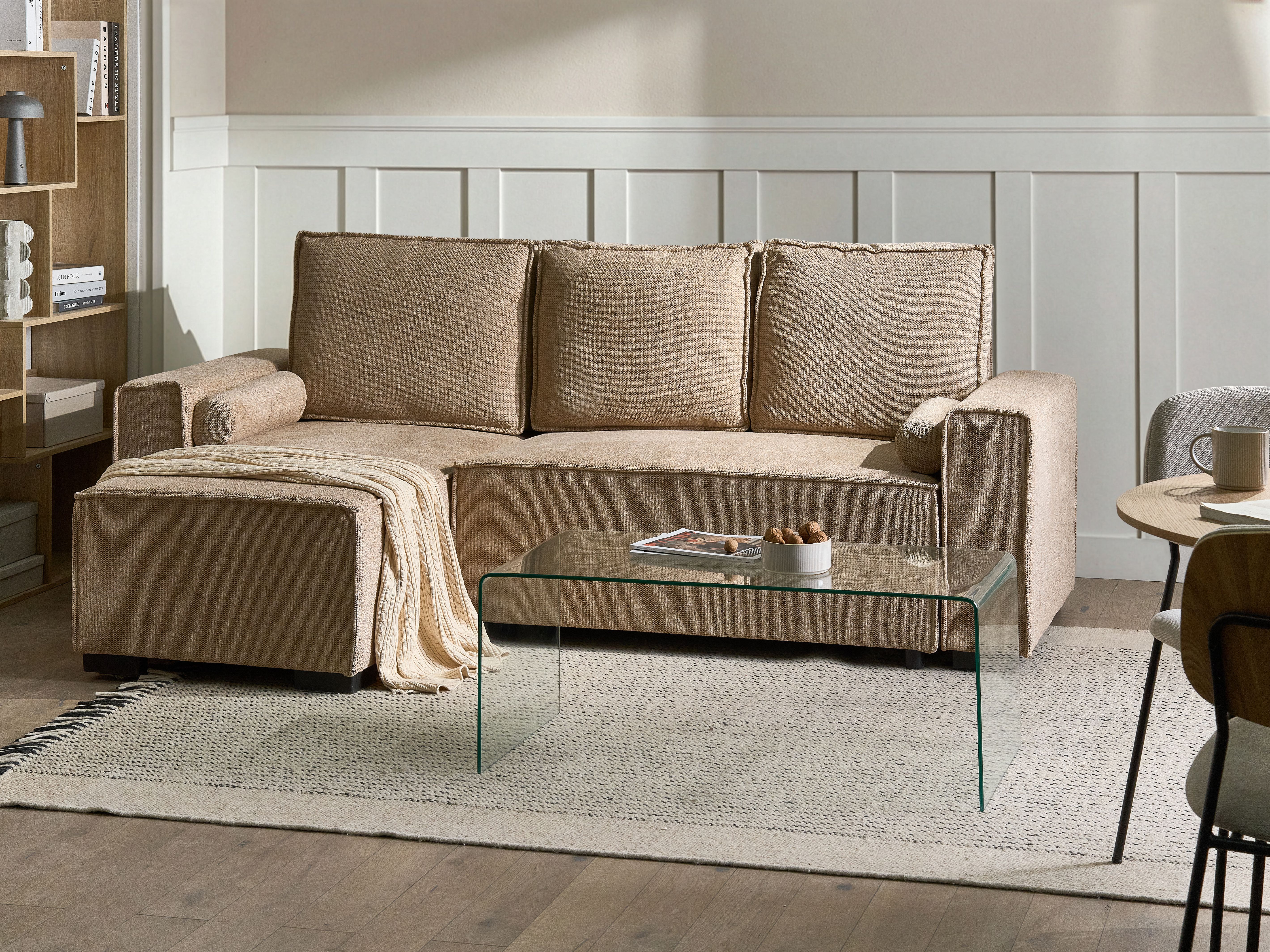 Corner Sofa Bed 3 Seater EDANE Fabric Beige with Storage Right Hand