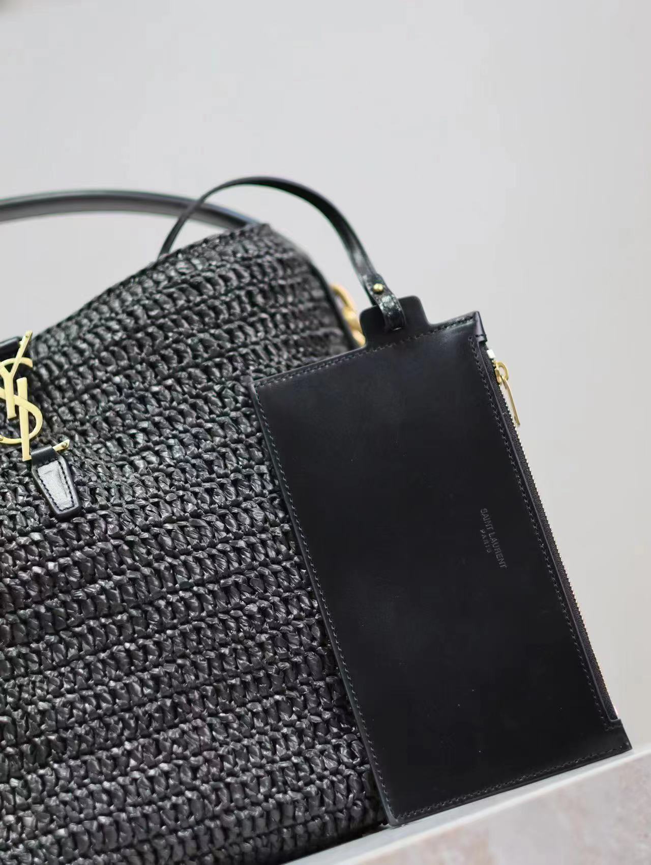 SAINT LAURENT Le 37 leather-trimmed raffia bucket bag