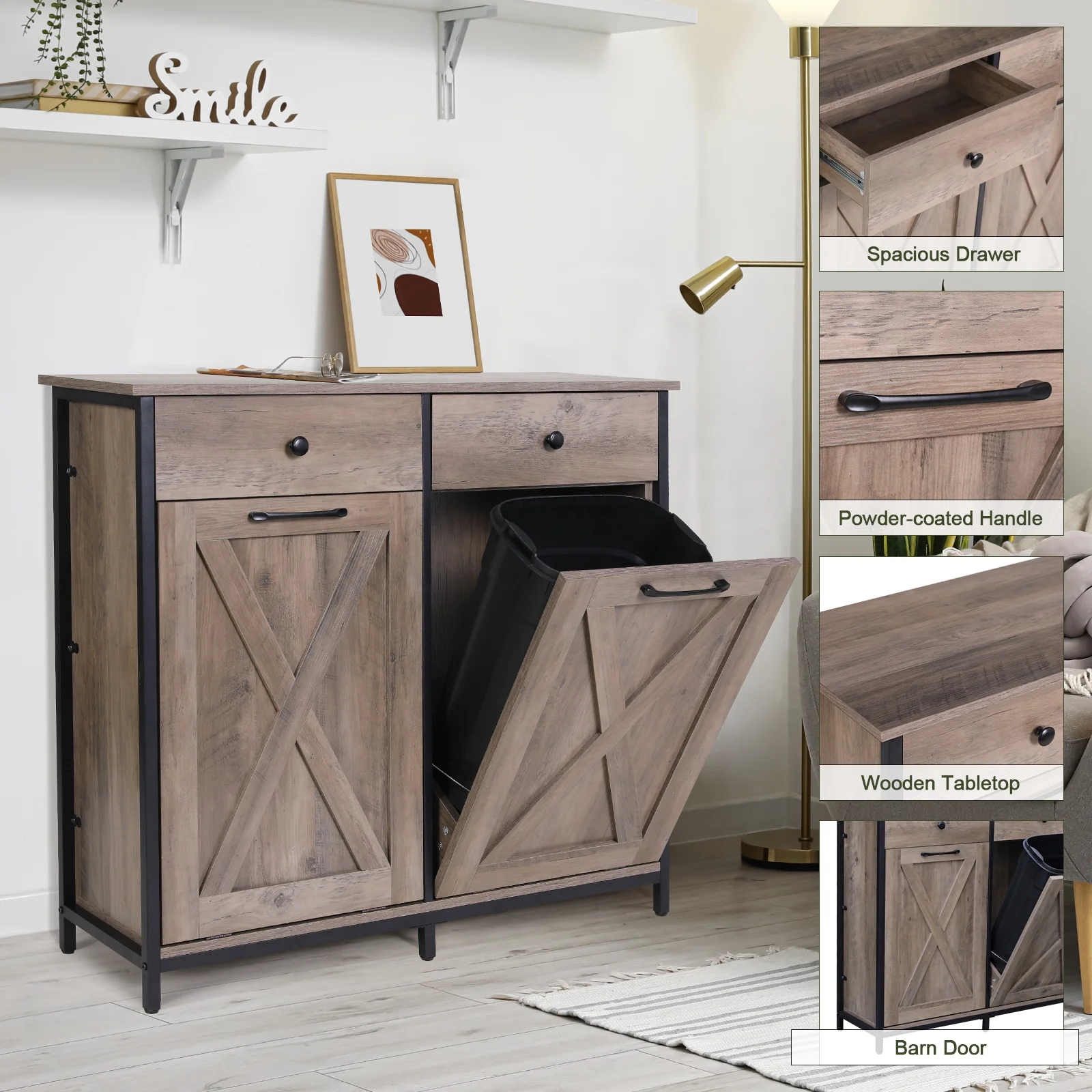Pirecart 20 Gallon Double Tilt Out Trash Cabinet Wood Hidden Storage Cabinet, Recycling Cabinet with 2 Drawers, Black - Image 15