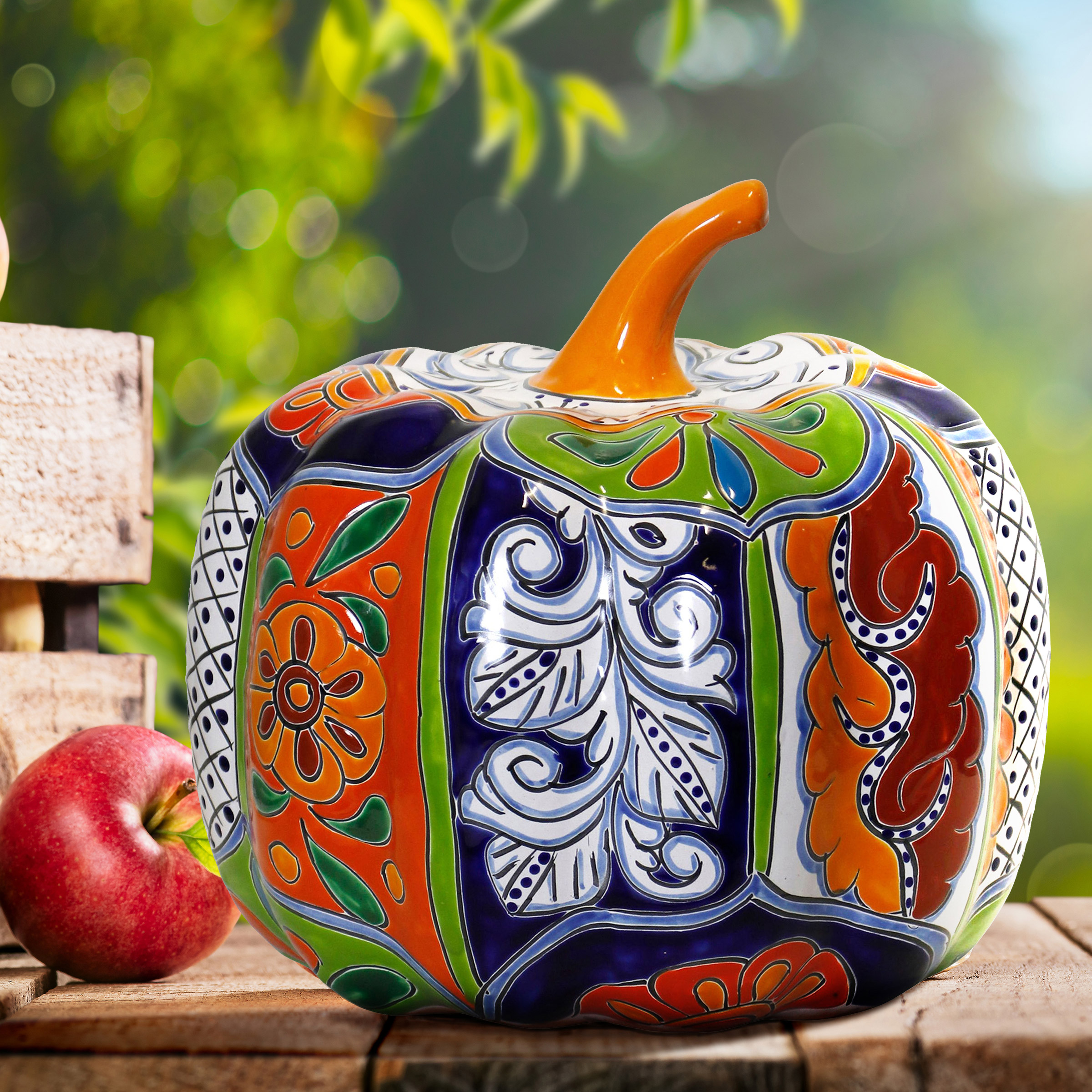 13' Talavera Style Ceramic Pumpkin - Image 3