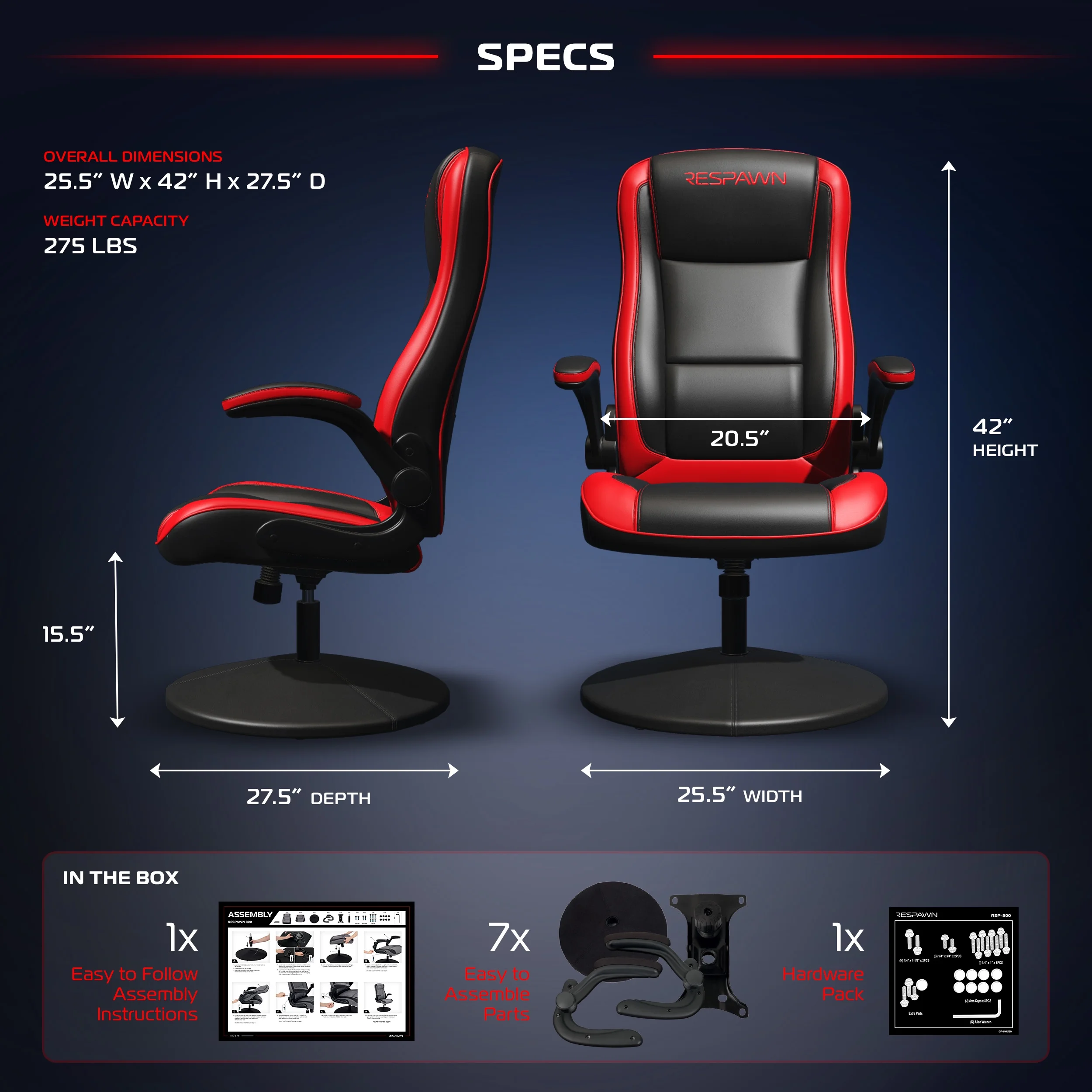 RESPAWN 800 Swivel Rocker Gaming Chair - Ergonomic Floor Gaming Seat with Lumbar Support, Flip Up Armrest, High Back, Pedestal Base, Comfortable No Wheels Console Video Game Rocker Chair - Red - Image 13