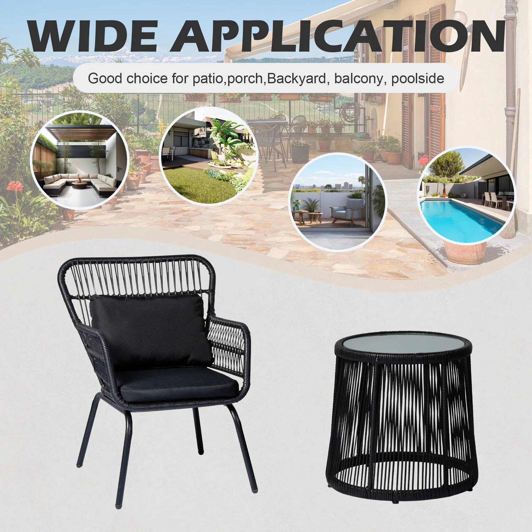 Tappio 3-Piece Patio Conversation Bistro Set Rattan Furniture, Outdoor Patio Set w/Glass Top Table & Cushions for Garden Balcony Backyard Poolside, Yellow/Beige - Image 19