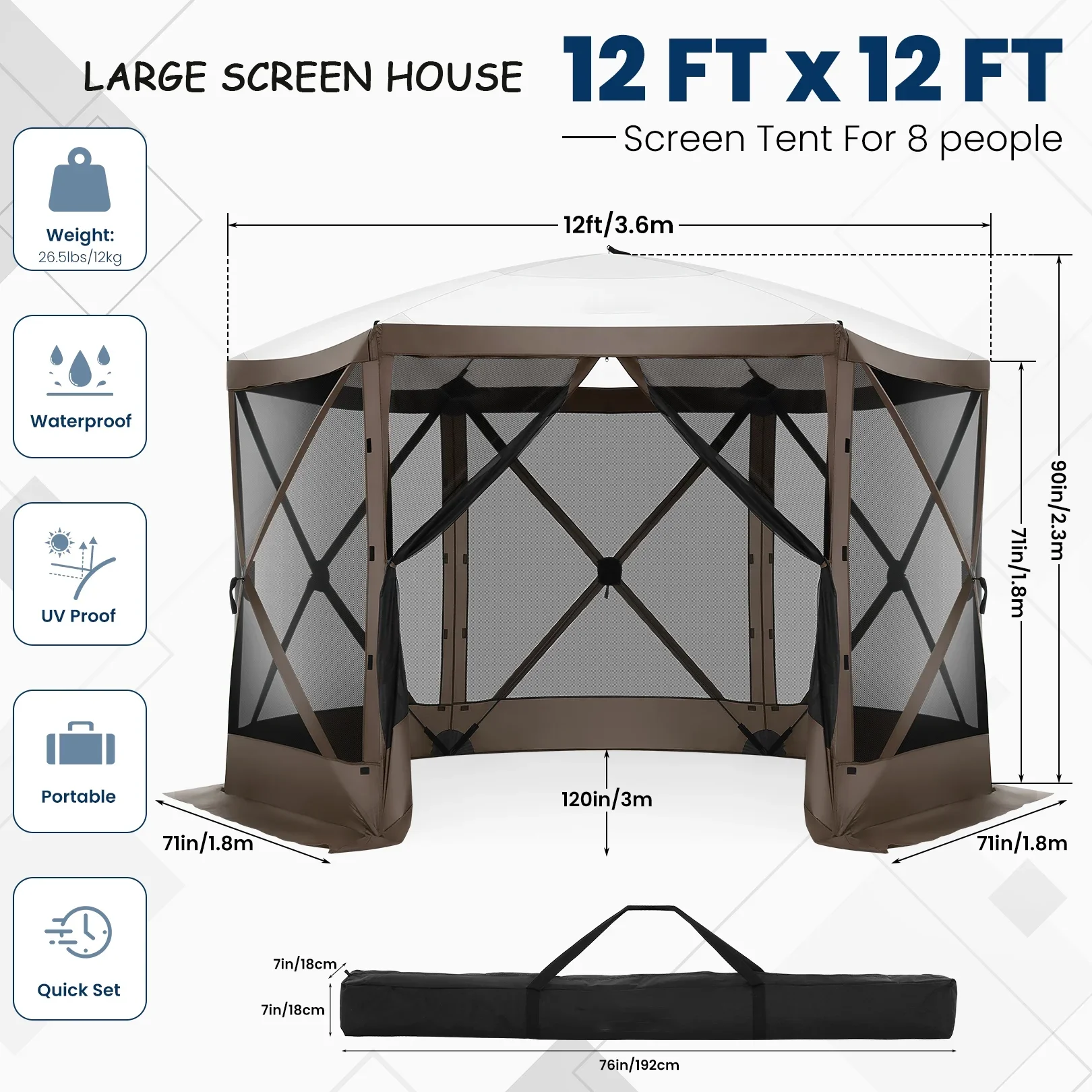COBIZI 12'x12' Pop-up Gazebo Outdoor Camping Tent with 6 Sides Mosquito Netting, Waterproof, UV Resistant, Portable Screen House Room, Easy Set-up Party Tent with Carry bag, Ground Spike, Brown - Image 8