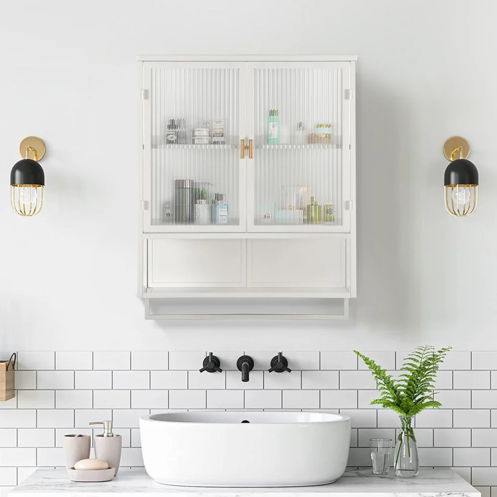 Tcbosik Modern Metal Wall Storage Cabinet with 2 Glass Door and Detachable Shelf, Open Shelf, and Towel Bar, Vintage Cabinet for Kitchen Dining, Bathroom, Living Room, White