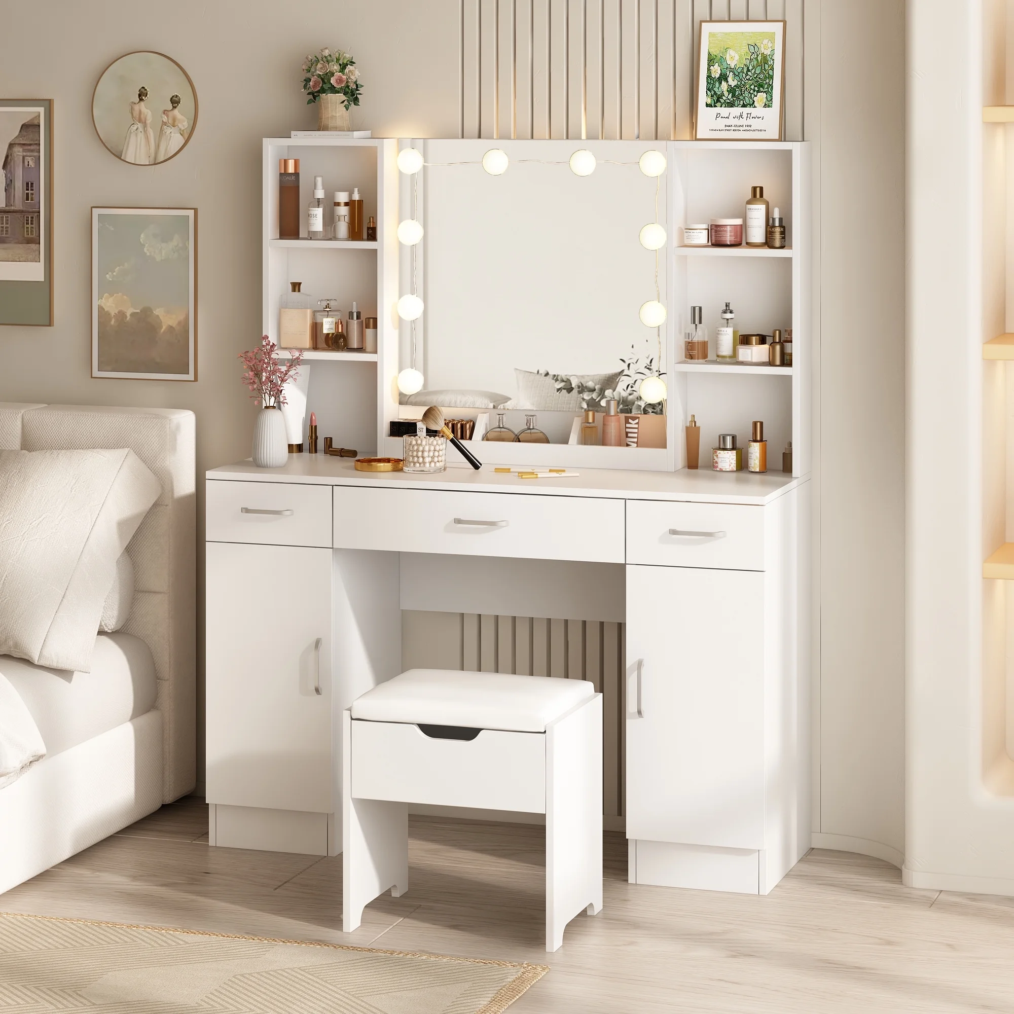 VEANERWOOD Large Makeup Vanity Set with Light Modern Makeup Vanity Table with Storage and Adjustable Lighting Colors for Bedroom 45.2in, White - Image 12
