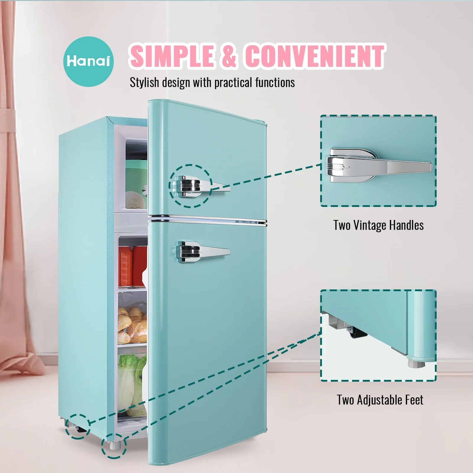 3.5 Cu.ft Compact Refrigerator WANAI Dual Doors Handles Mini Fridge with Top Freezer Blue New - Image 7