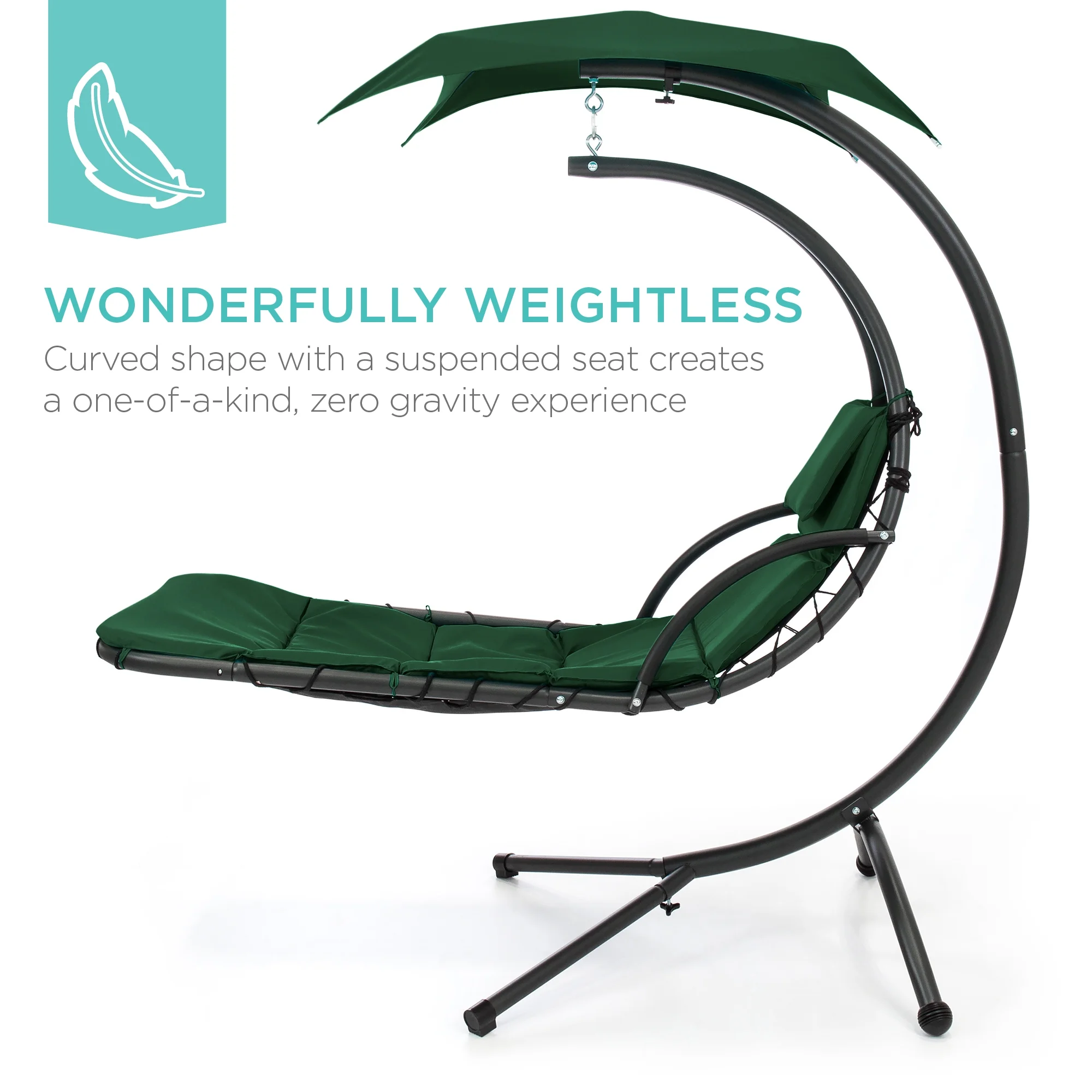 Best Choice Products Hanging Curved Chaise Lounge Chair Swing for Backyard, Patio w/ Pillow, Shade, Stand - Teal - Image 113