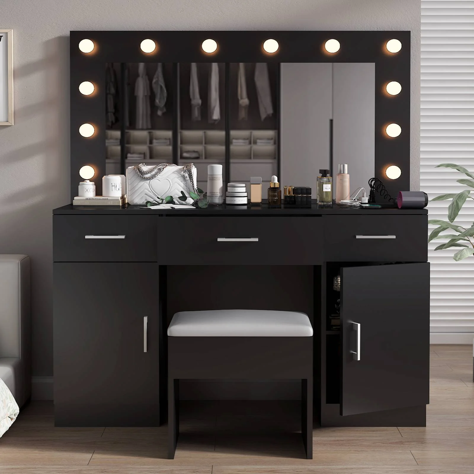 Ktaxon Large Makeup Vanity, Vanity Table Set w/ Visible Glass Top w/ Charging Station, White - Image 53