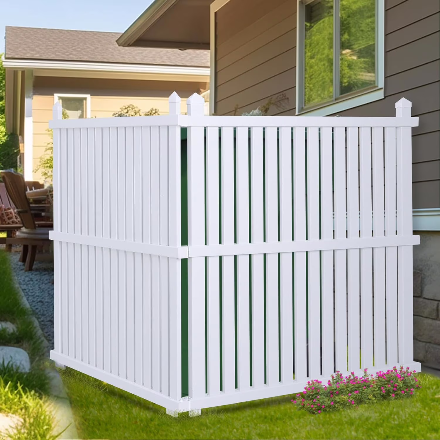 36"W X 45"H Outdoor Privacy Screen, Vinyl Air Conditioner Fence with Metal Stake, No Dig Trash Can Enclosure for Outside- 2 PVC Panels, White, Vertical - Image 4