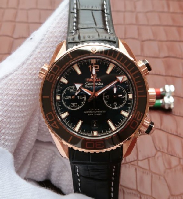 Replica Omega Planet Ocean Master Chronometer RG Black Bezel Black Dial Leather A9301 - Top club