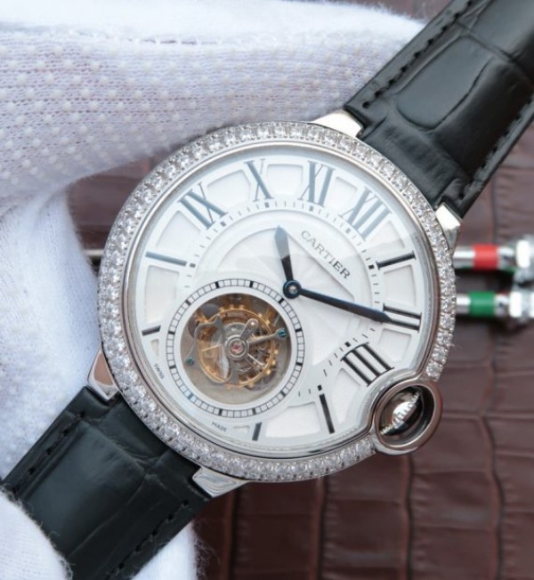 Replica Cartier Ballon Bleu Tourbillon SS Diamond Bezel Black Leather Strap - Elite Watch Atelier