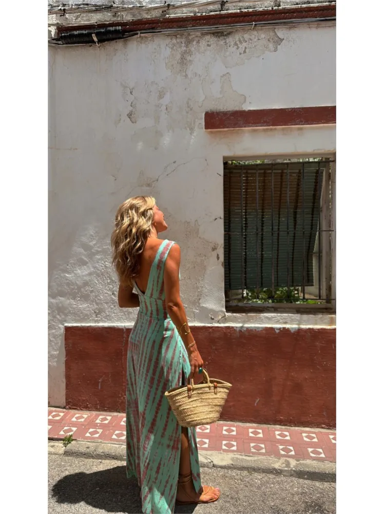Fashion Print Slim Sleeveless Long Dresses Women Sexy V-neck Hollow Out Backless Bodycon Package Hip Slit Dress Vacation Vestido - AZJHJ