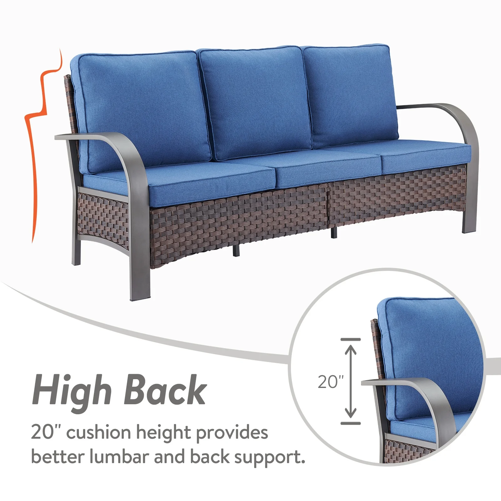 OPOHORO 3-Piece Outdoor Patio Furniture Set, 75-Inch Wicker Sofa with 2 Ottomans, Brown Rattan Couch with Blue Cushions for Deck or Backyard