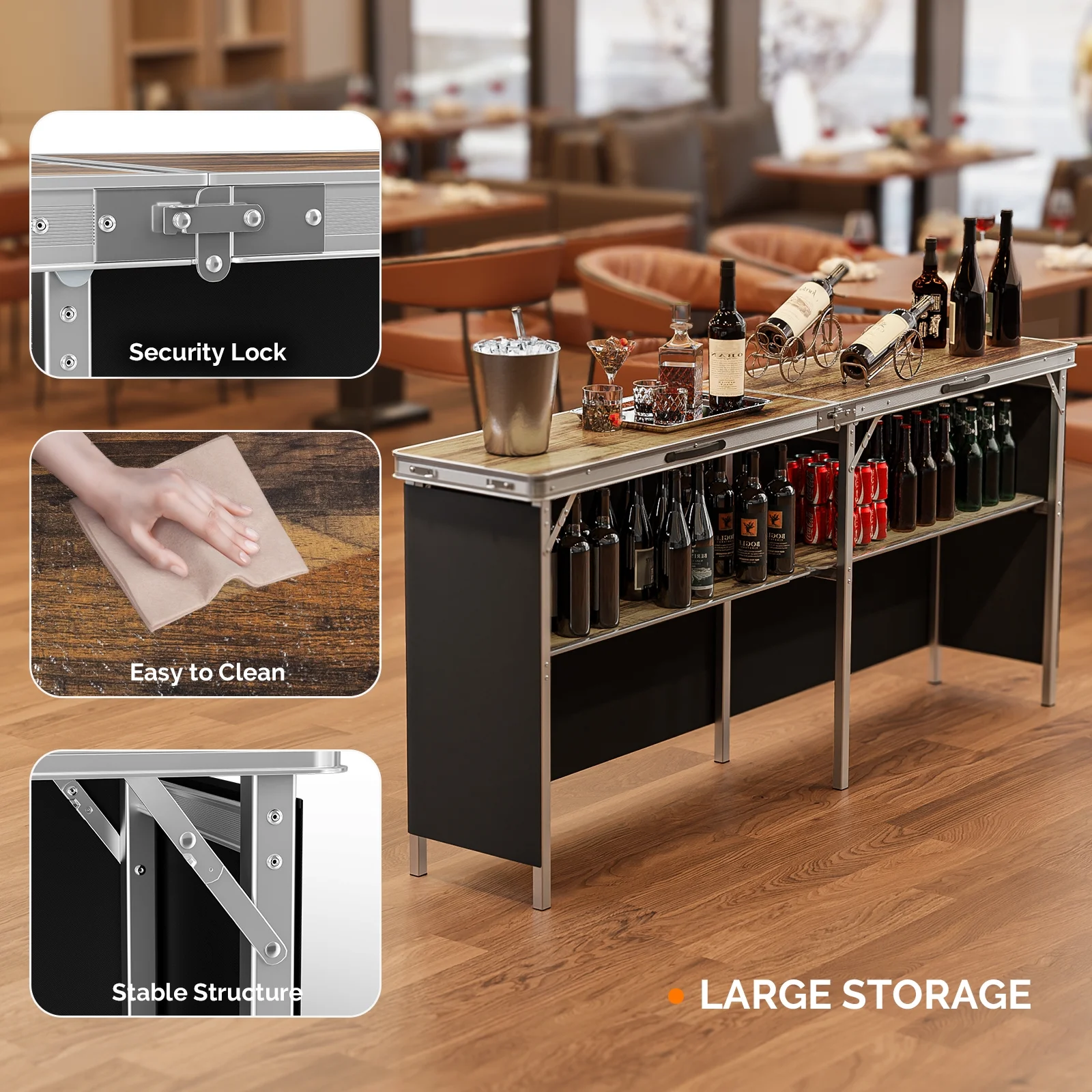 Ktaxon 78" Foldable Bar Table, Mobile Bar with 3-Tier Shelves & Carry Bag - Perfect for Events, Parties, Camping, Picnics, Tradeshows, and Both Outdoor/Indoor Use (Comes with Black Skirt, Black) - Image 12