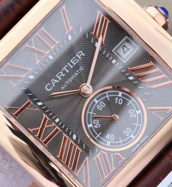 Replica Cartier Tank MC RG Gray Textured Dial Brown leather strap - Elite Watch Atelier