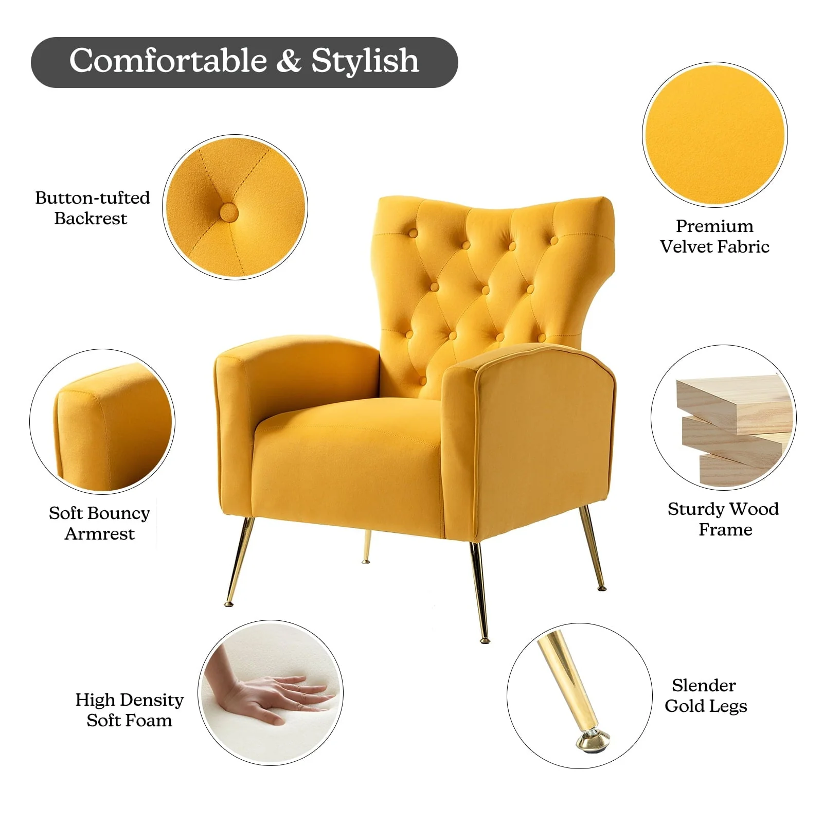 14 Karat Home Fall Home Decor Velvet Accent Chair Button Tufted Metal Legs Adult Living Room Mustard - Image 6