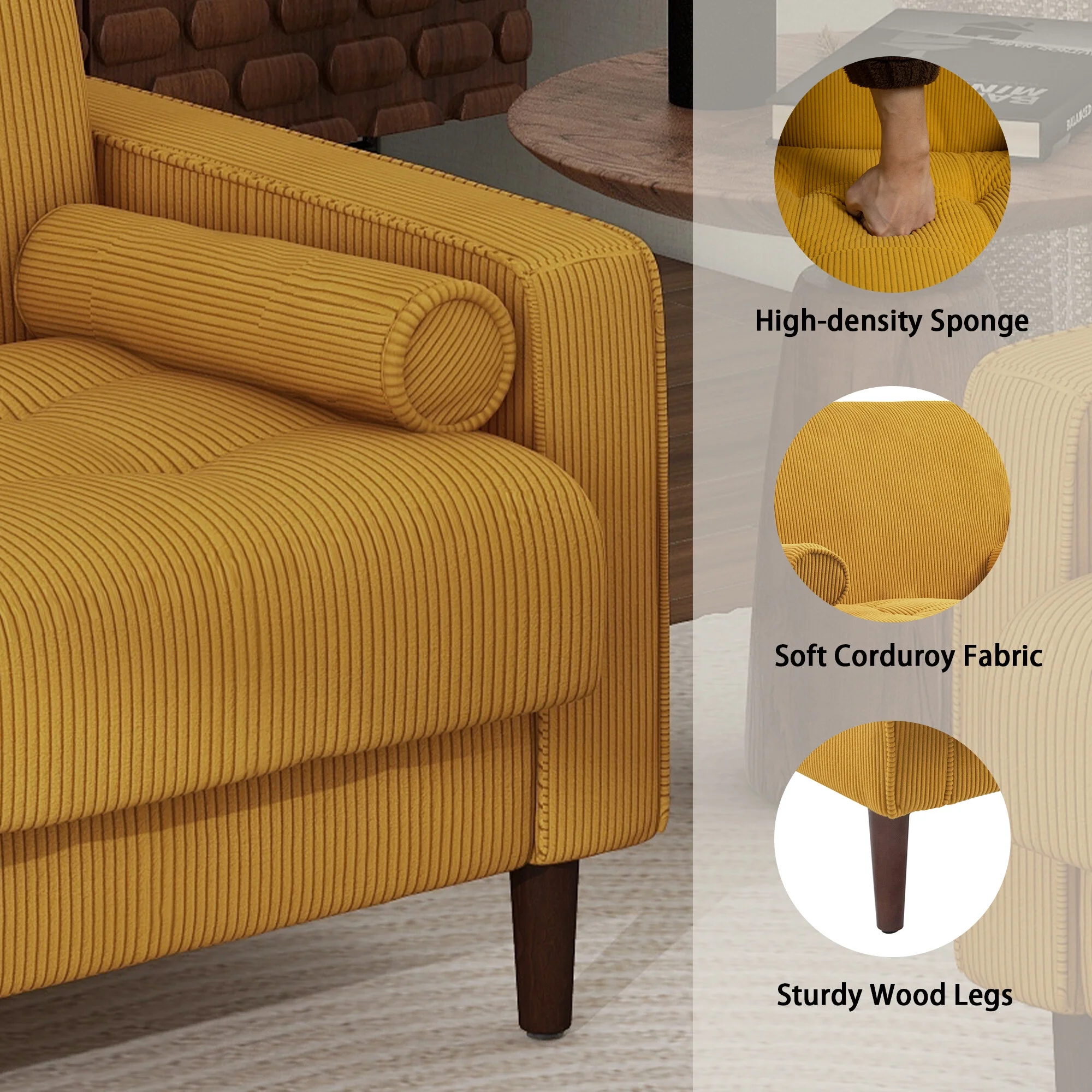 UIXE Corduroy Accent Chair Modern Upholstered Arm Chairs Comfy Reading Armchair with Pillow Armrest Tufted Living Room Single Sofa Lounge Seat, Yellow - Image 4