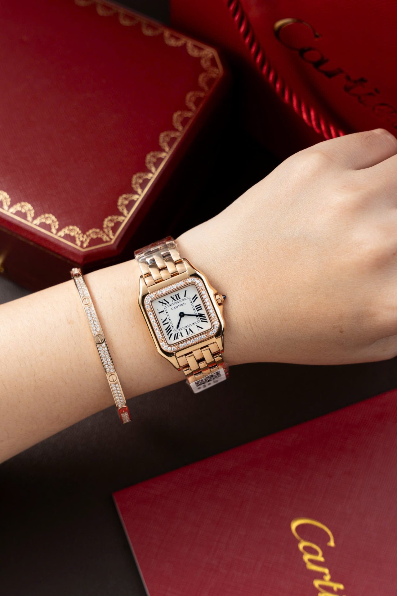 Cartier Panthere WJPN0009 Rose Gold Replica Watches Bezel Diamonds Moissanite 27x37mm - Top club