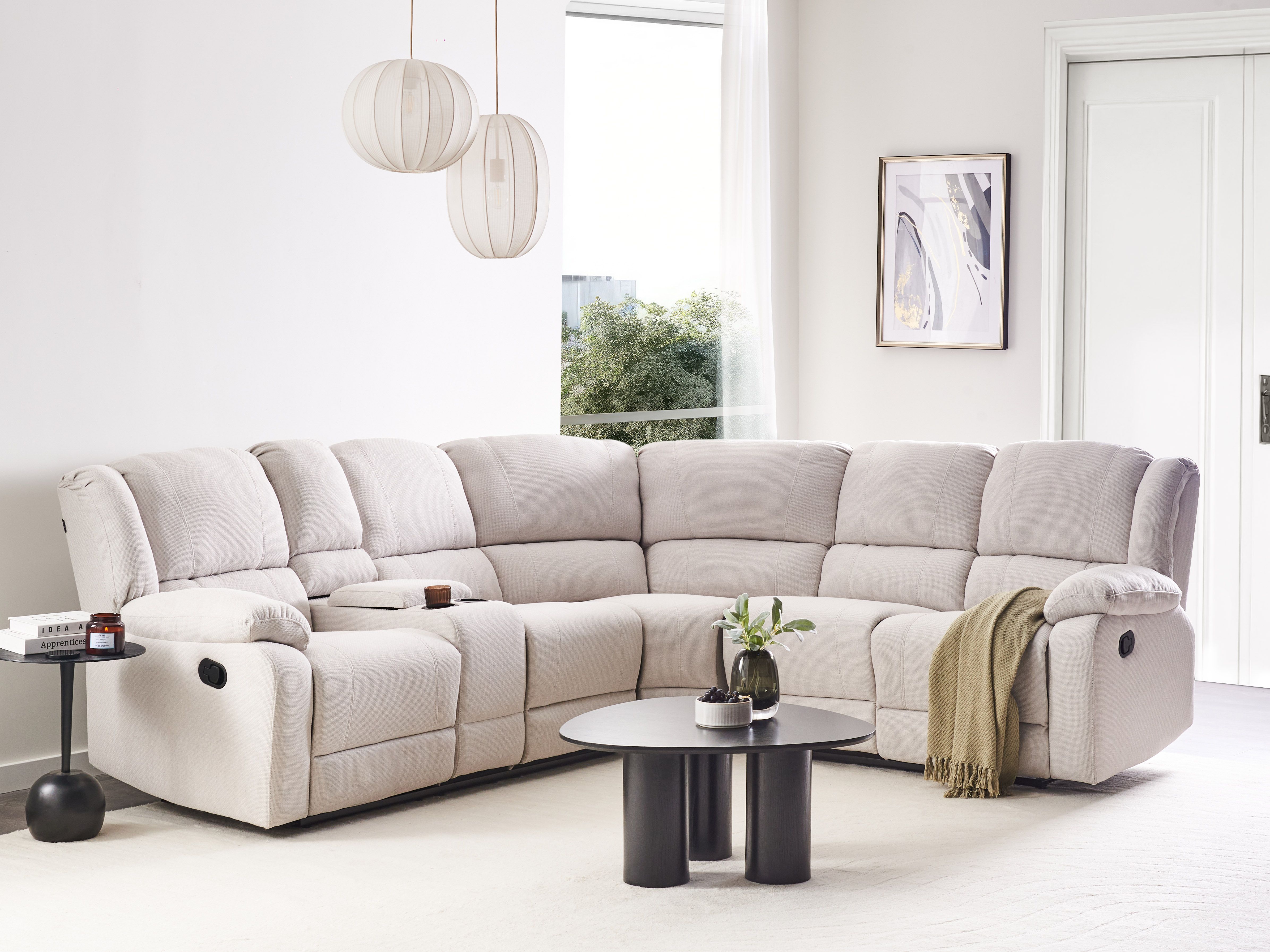 Manual Recliner Corner Sofa 5 Seater ROKKE Fabric Light Beige Left Hand
