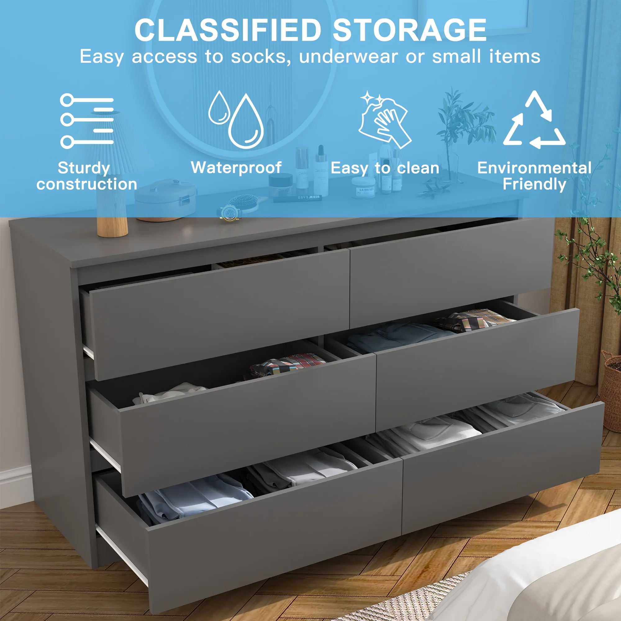 Kadyn White Chest of Drawer, 6 Double Drawer Dresser for Bedroom, Modern Storage Cabinet for Living Room, Dresser - Image 124