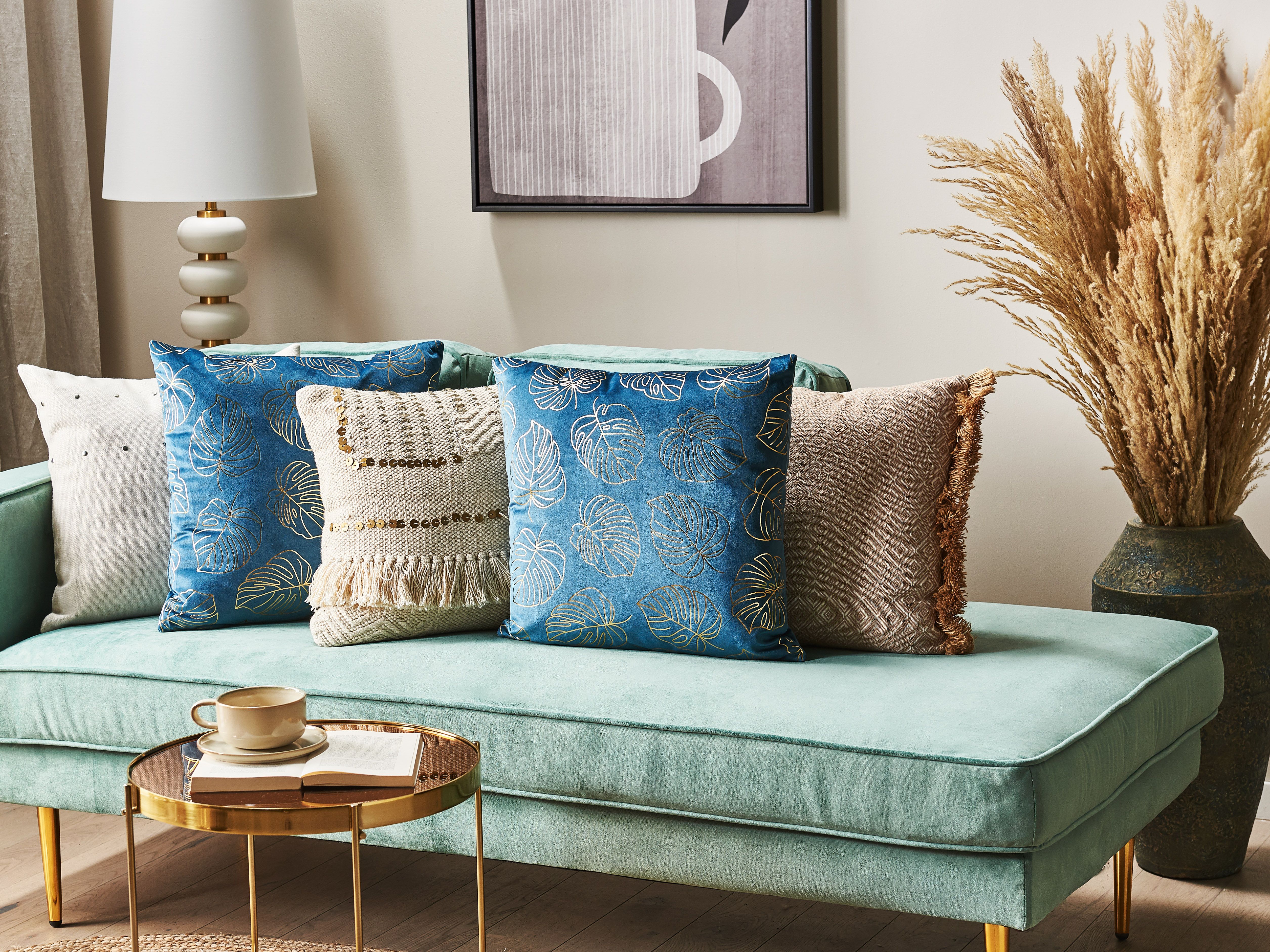 Set of 2 Decorative Cushions DELICIOSA Velvet 45 x 45 cm Blue Plant Pattern