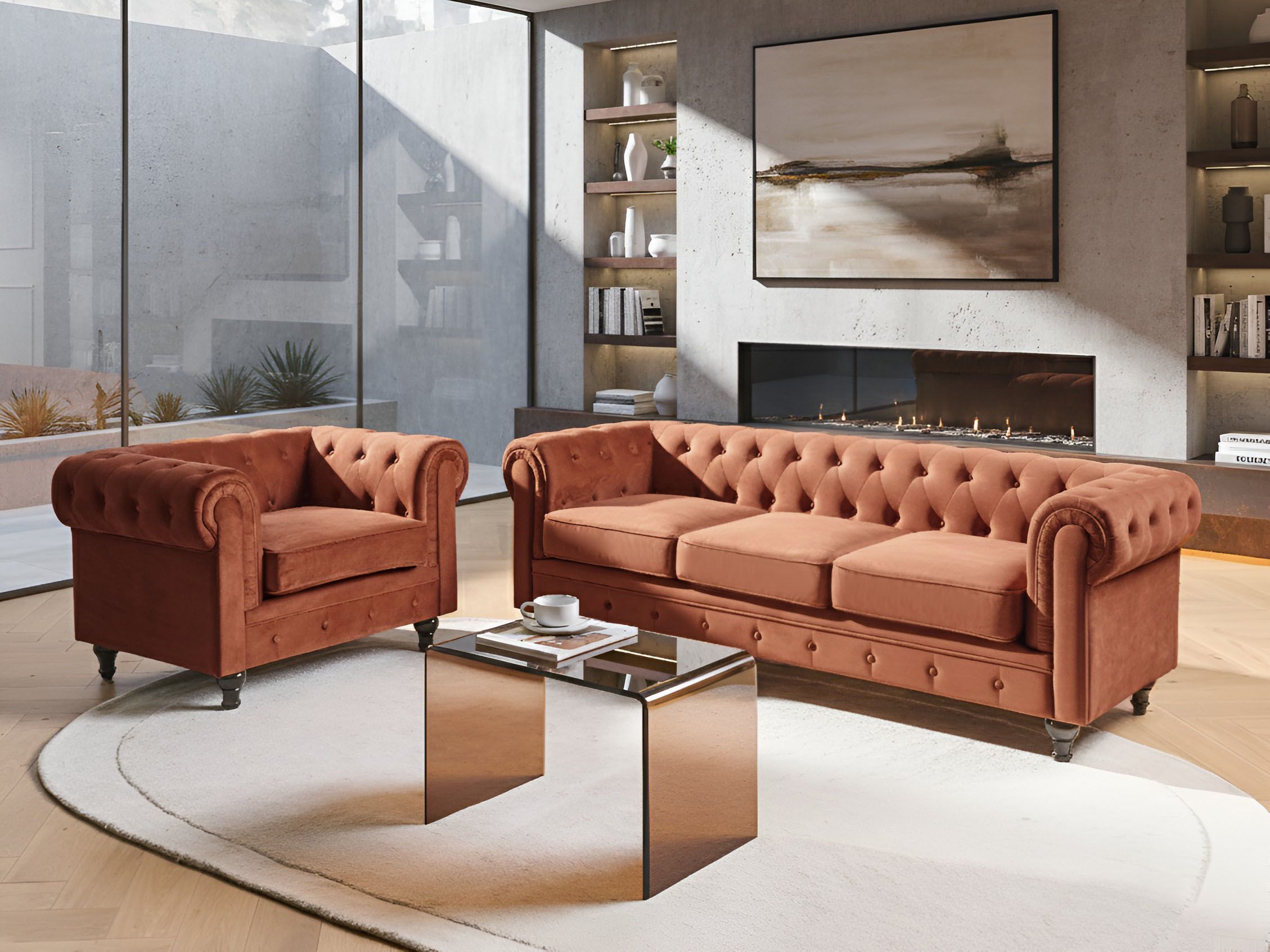 Living Room Set 4 Seater CHESTERFIELD Velvet Golden Brown
