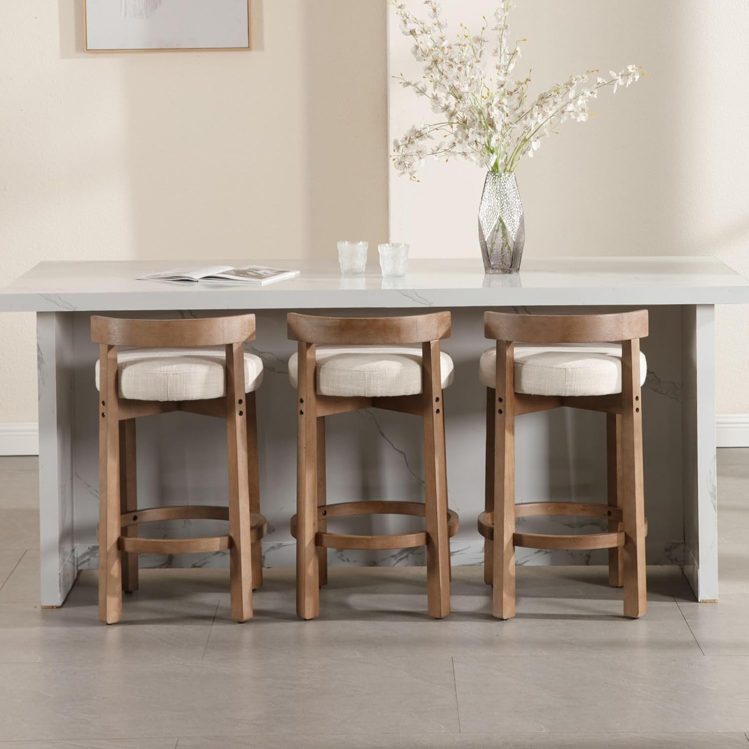 LukeAlon Mid Century Linen Counter Stools Set of 3, Upholstered 26.5