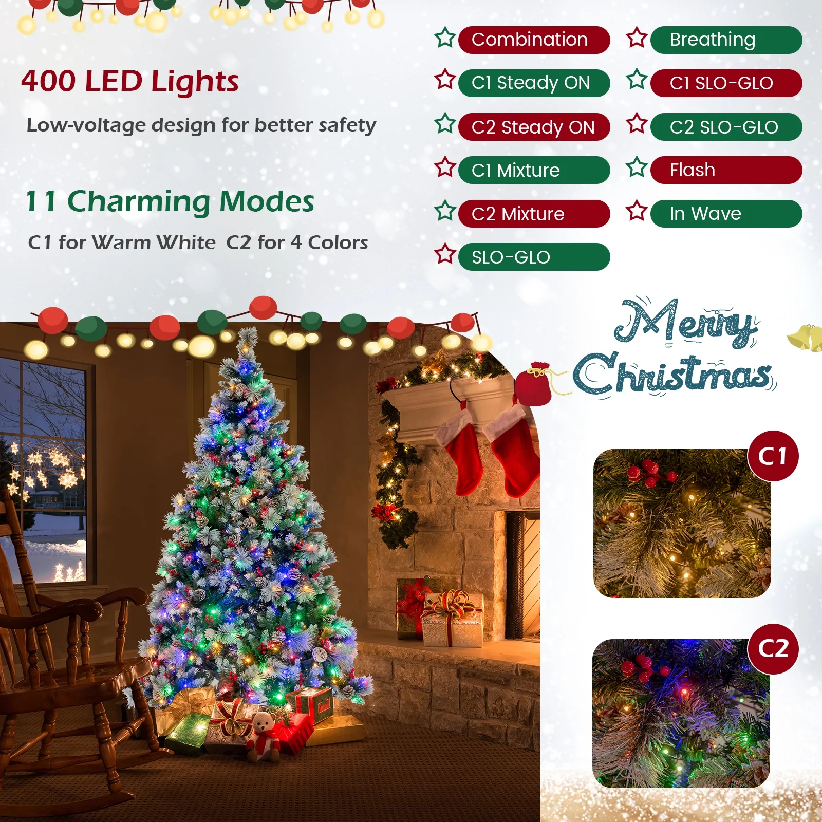 Costway 7 FT Pre-Lit Artificial Christmas Tree Hinged with Pine Needles 400 LED Lights - Image 6