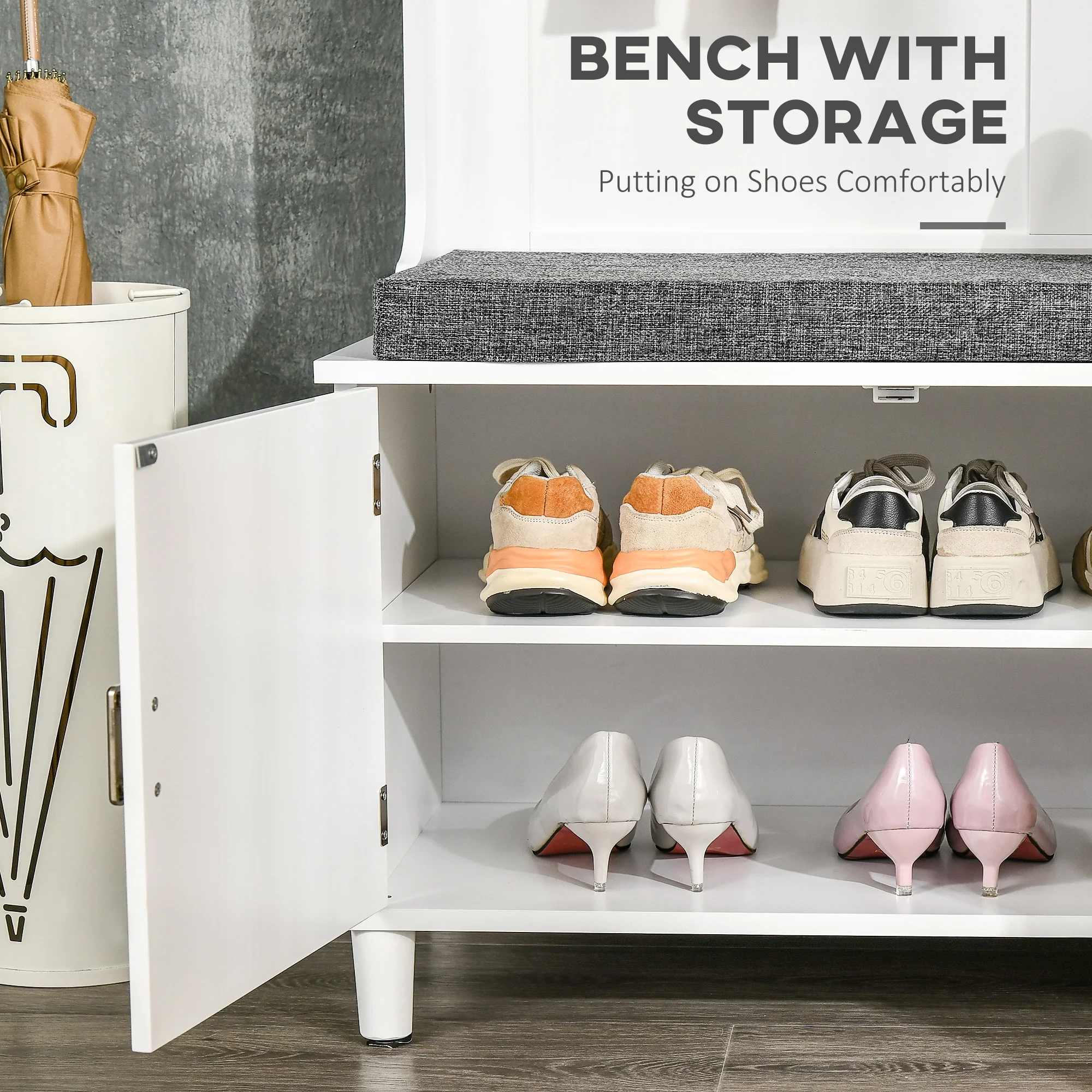 HOMCOM Hall Tree with Storage Bench, Entryway Bench with Coat Rack, Accent Coat Tree with Storage Shelves, Cabinet and Drawers for Hallway, Mudroom, White - Image 6