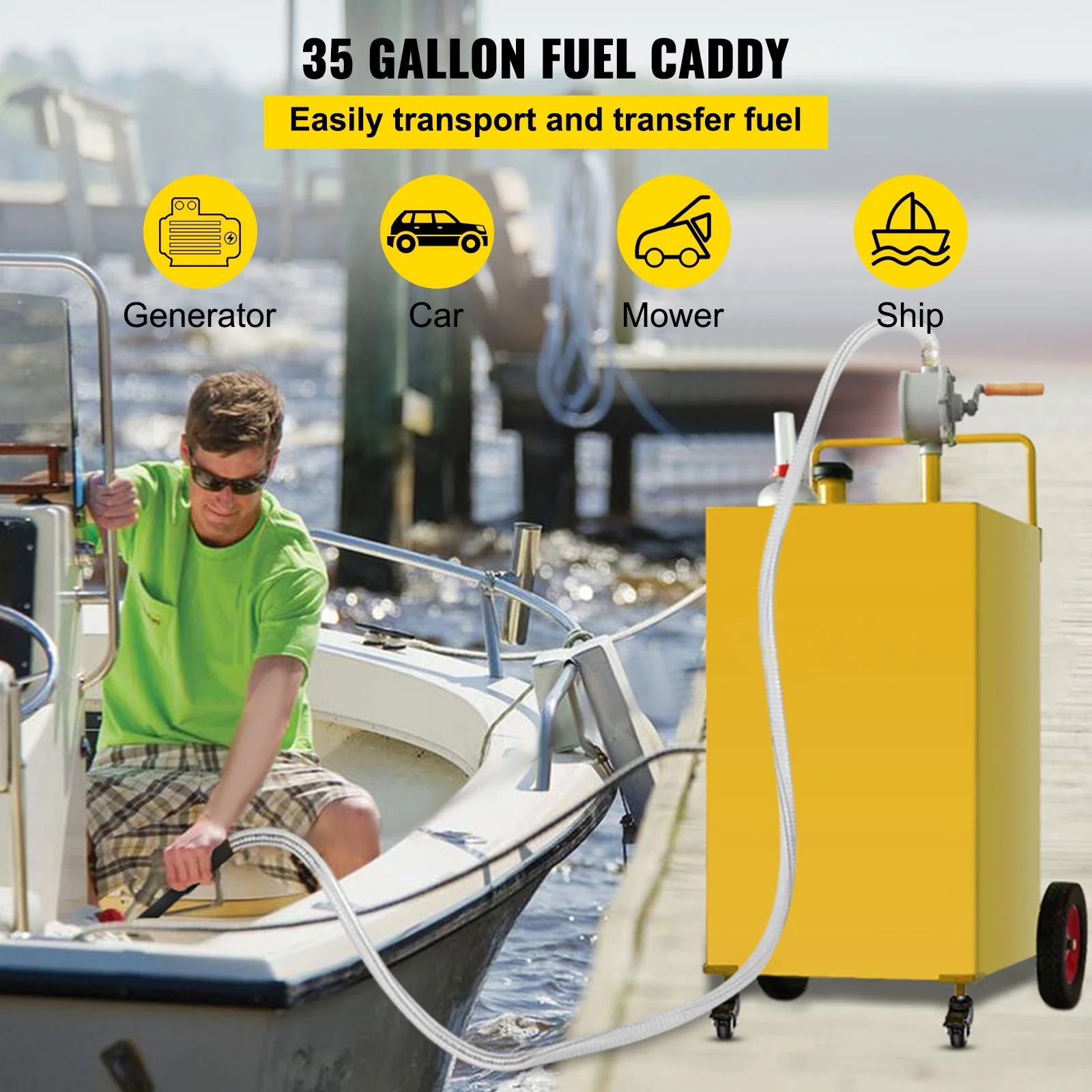 KFFKFF Fuel Storage Unit, 35 Gallon, Mobile Gas Tank on 4 Casters, Equipped with Manual Transfer Pump, Gasoline Diesel Fuel Repository for Automobiles, Lawn Equipment, ATVs