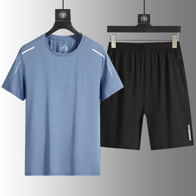 Summer Men's Outfit Set: Ice Silk Casual Men's Sports Suit, Loose Two-Piece Sportswear, Quick-Dry T-Shirt and Shorts