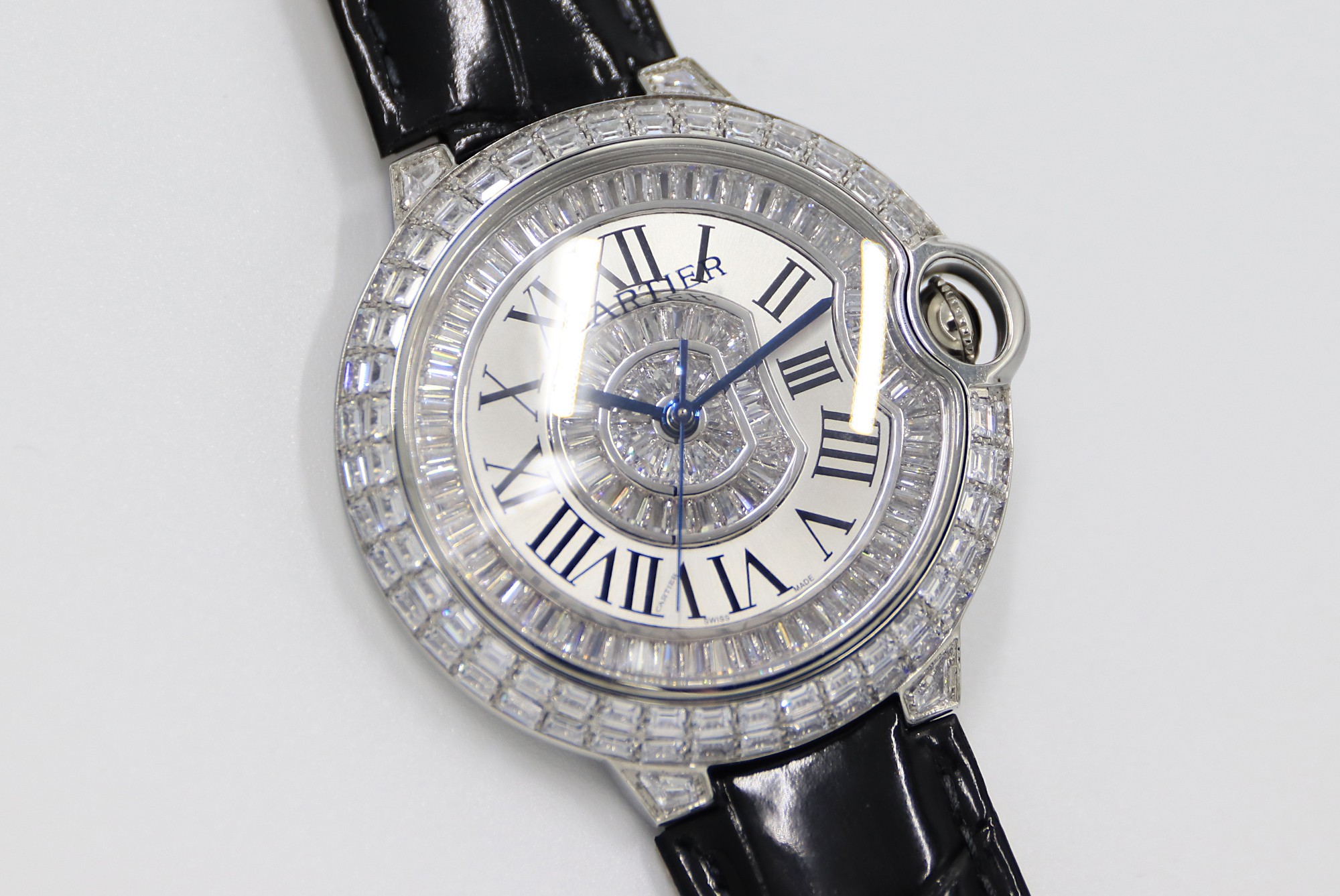 Cartier Blue Balloon Square Diamonds Full Sky Watch-Roman Numerals-White-Leather-42mm(1:1 replica) - Top club