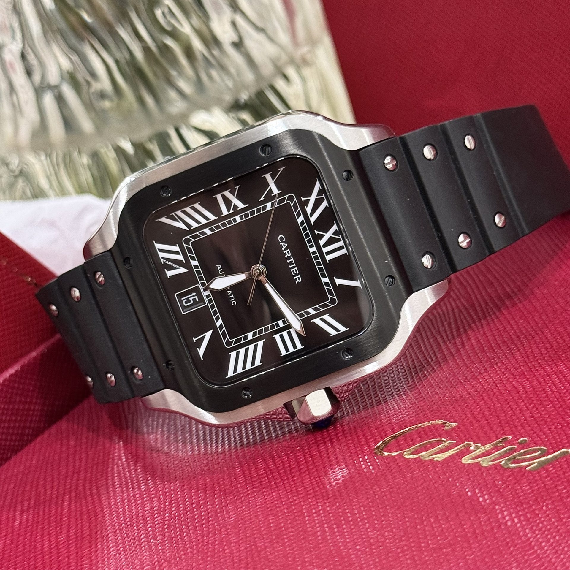 Cartier Replica Watches Santos Black Dial Roman Numeral Pile BV Factory 39.8mm - Elite Watch Atelier