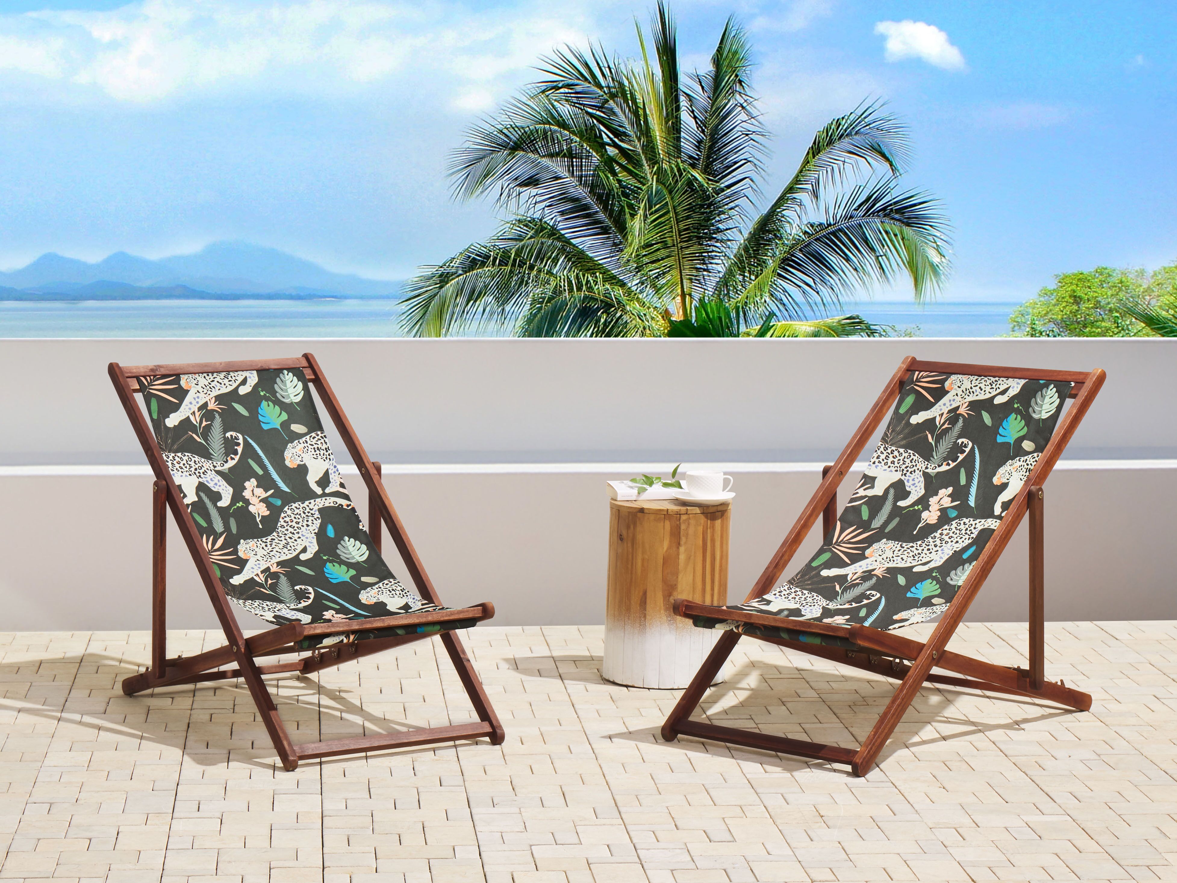 Set of 2 Folding Deck Chairs ANZIO with Replacement Fabrics Animal Motif Acacia Wood Dark Brown