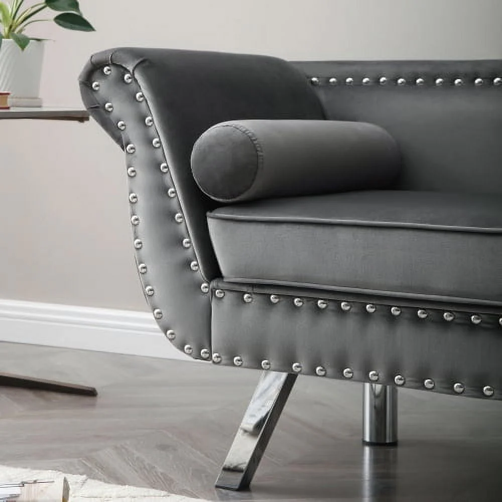 61�?Width Loveseat Sofa, Modern Accent Velvet Upholstered Loveseat Settee with Nailhead Trimming & Removable Cushion & Rolled Arms, Accent Couch with Silver Metal Legs for Living Room, Grey
