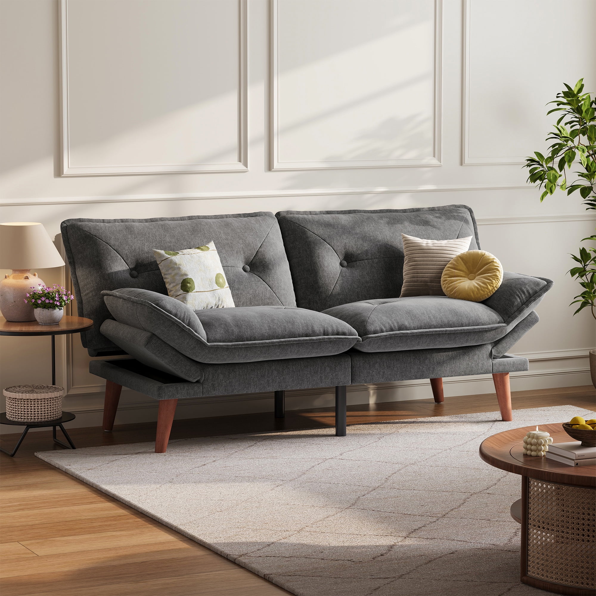 Linsy Home 70" W Chenille Convertible Futon Sofa Bed with Adjustable Armrests, Green - Image 41