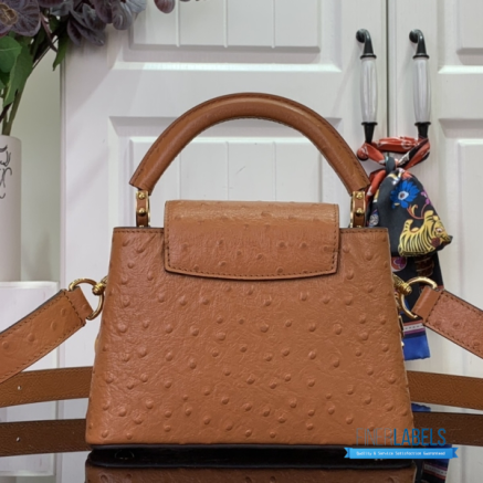 Tan Ostrich Leather Mini Handbag with Pearl Chain Detail1:1High-quality replica